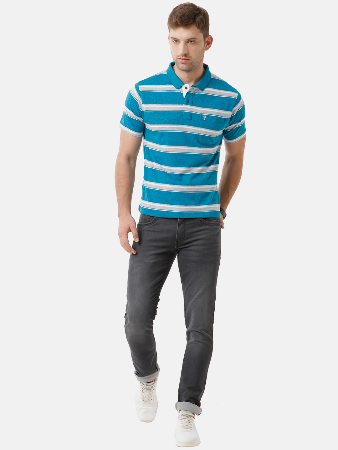 Classic Polo Mens Cotton Striped Half Sleeve Authentic Fit Polo Neck Blue Color T-Shirt | M.Flash 21