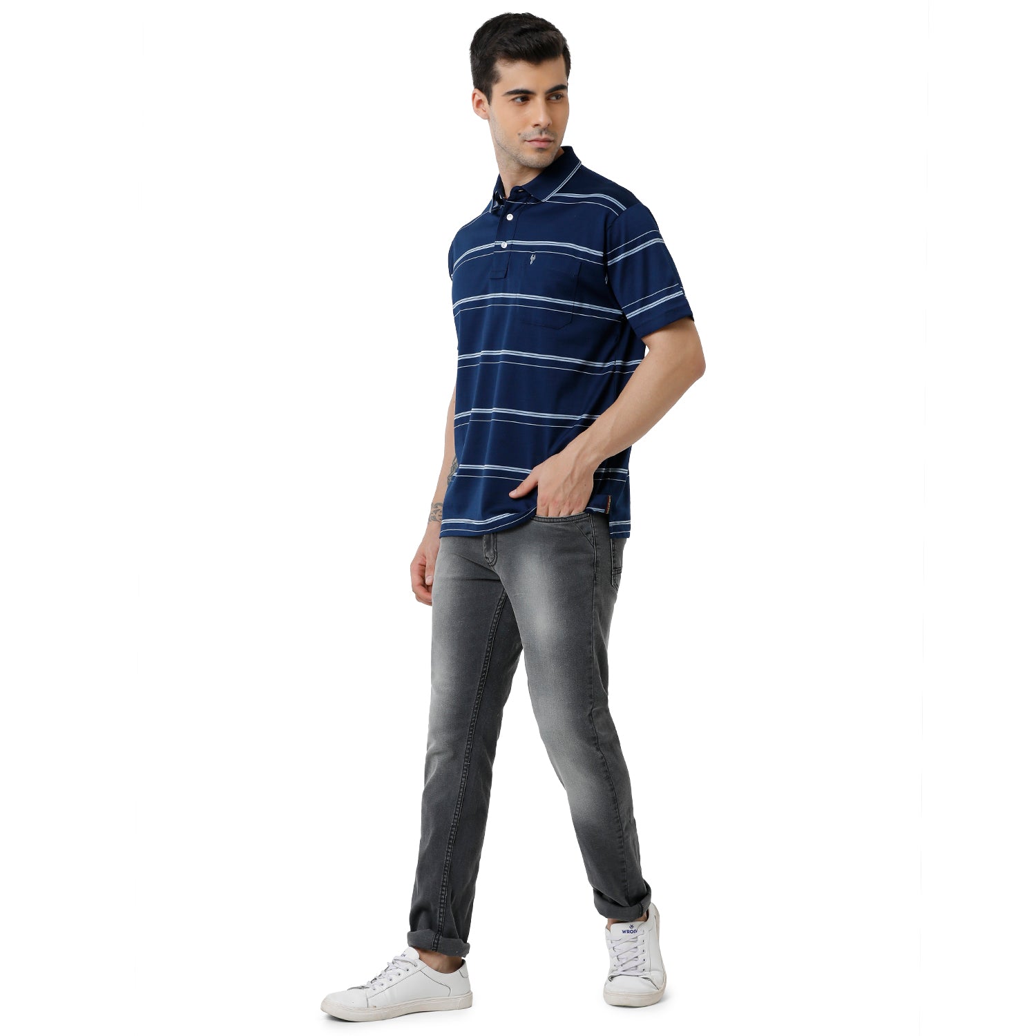 Classic Polo Mens Striped Authentic Fit Polo Neck Navy Blue Color Premium T-Shirt - Ultimo 278 A T-shirt Classic Polo 