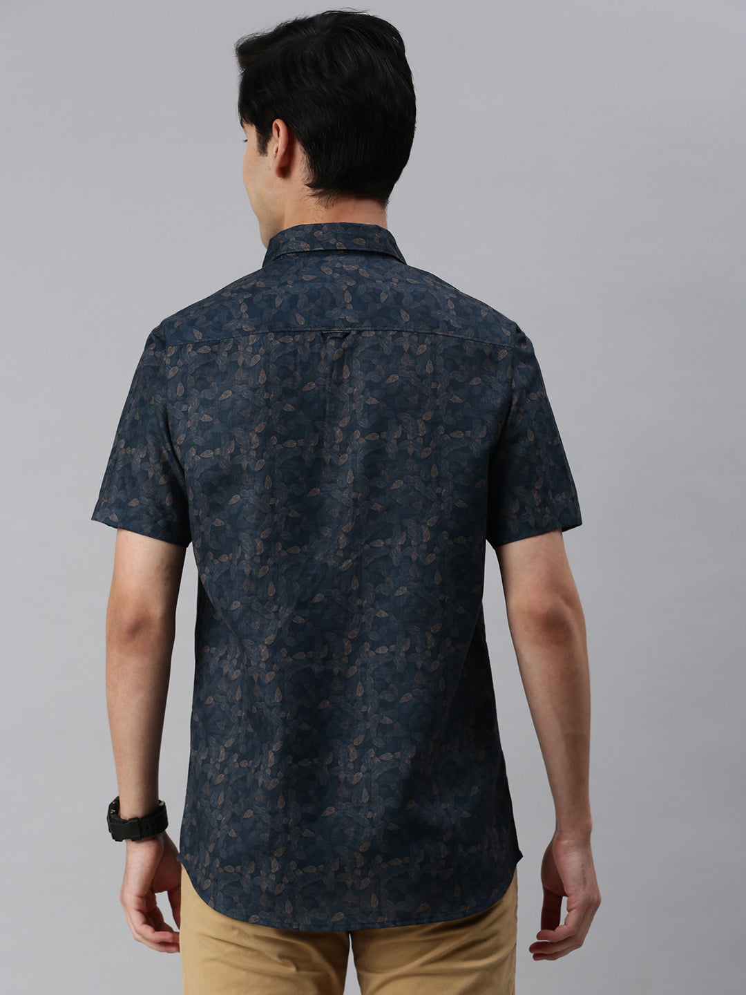Classic Polo Men's Cotton Half Sleeve Printed Slim Fit Collar Neck Navy Blue Color Woven Shirt | So1-30 B
