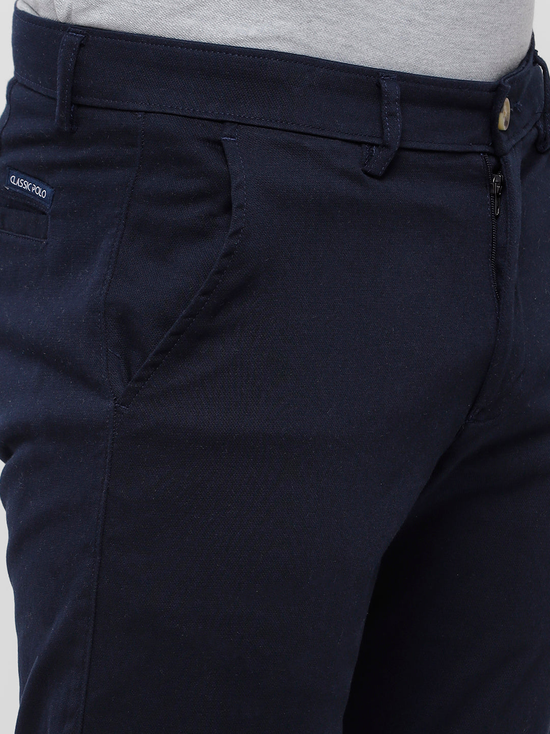 Classic Polo Mens Solid Slim Fit Navy Blue Trousers - EROS Navy