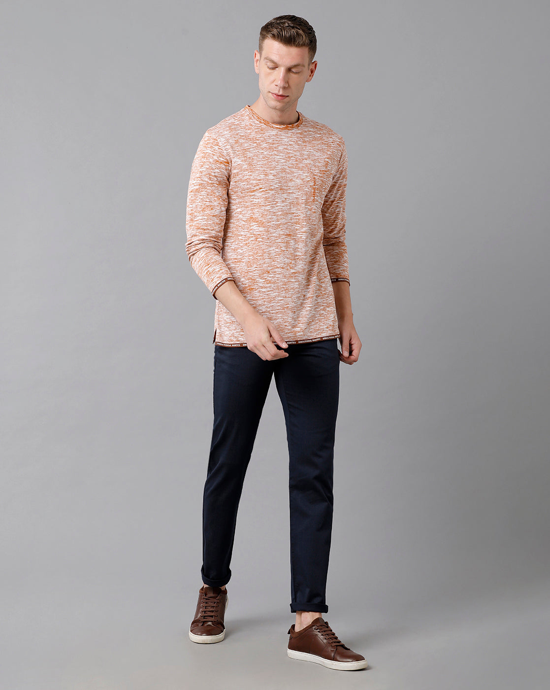 Classic Polo Men's Cotton Self Design Full Sleeve Slim Fit Round Neck Peach Color T-Shirt | Baleno Fs - 481 B