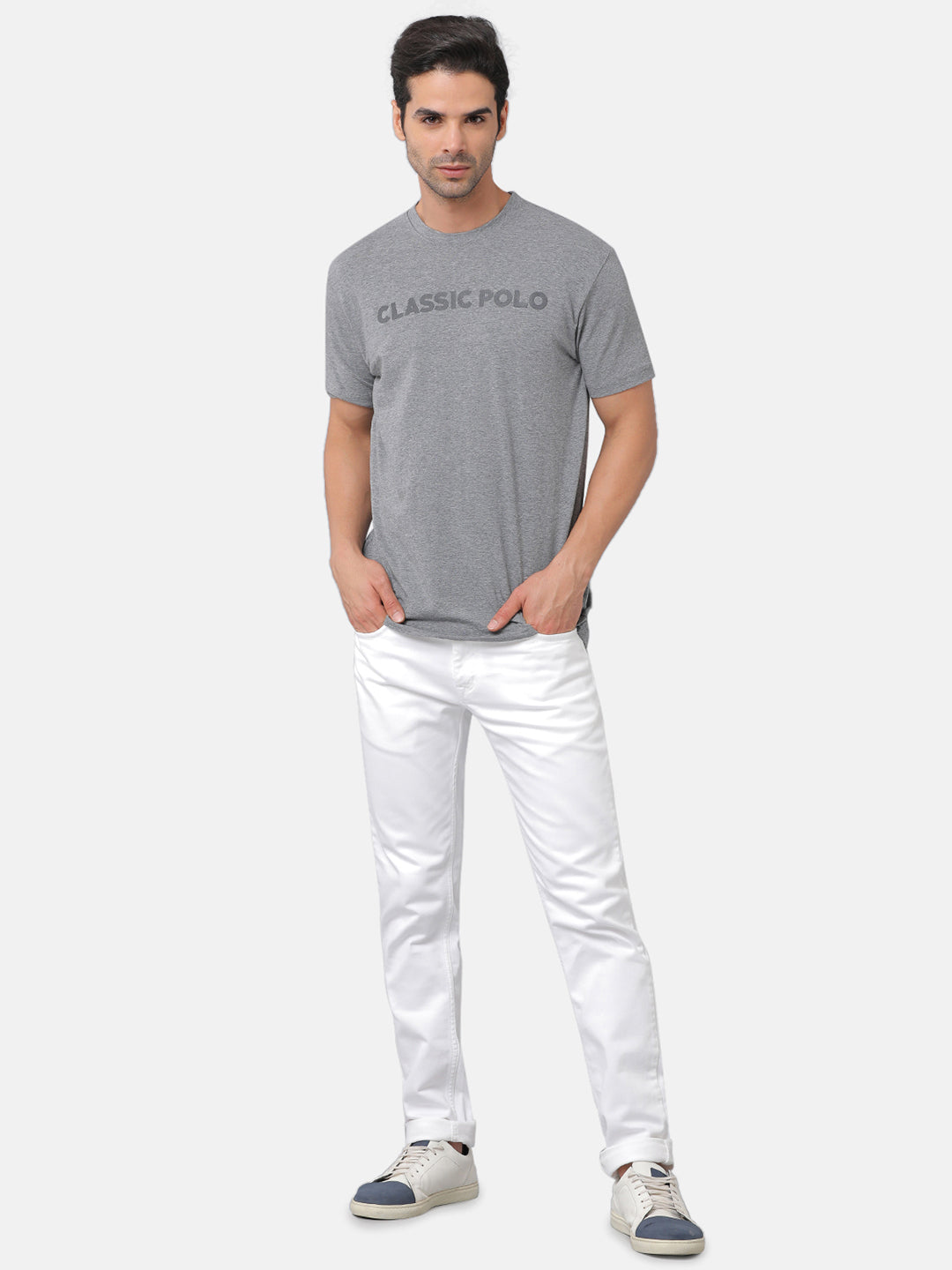 Classic Polo Mens Cotton Chest Print Slim Fit Round Neck Grey Color T-Shirt | Baleno 481