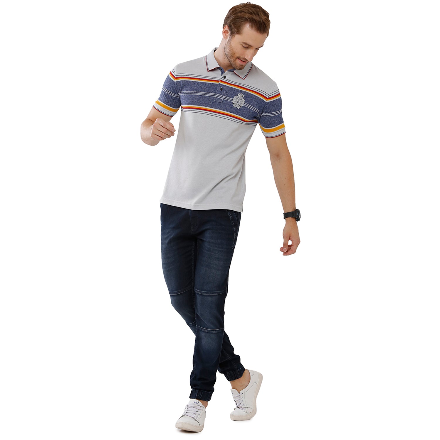 Classic Polo Mens 100% Cotton Multi Grey Stripped Slim Fit Polo Neck T-Shirt - VTA 189 A T-shirt Classic Polo 