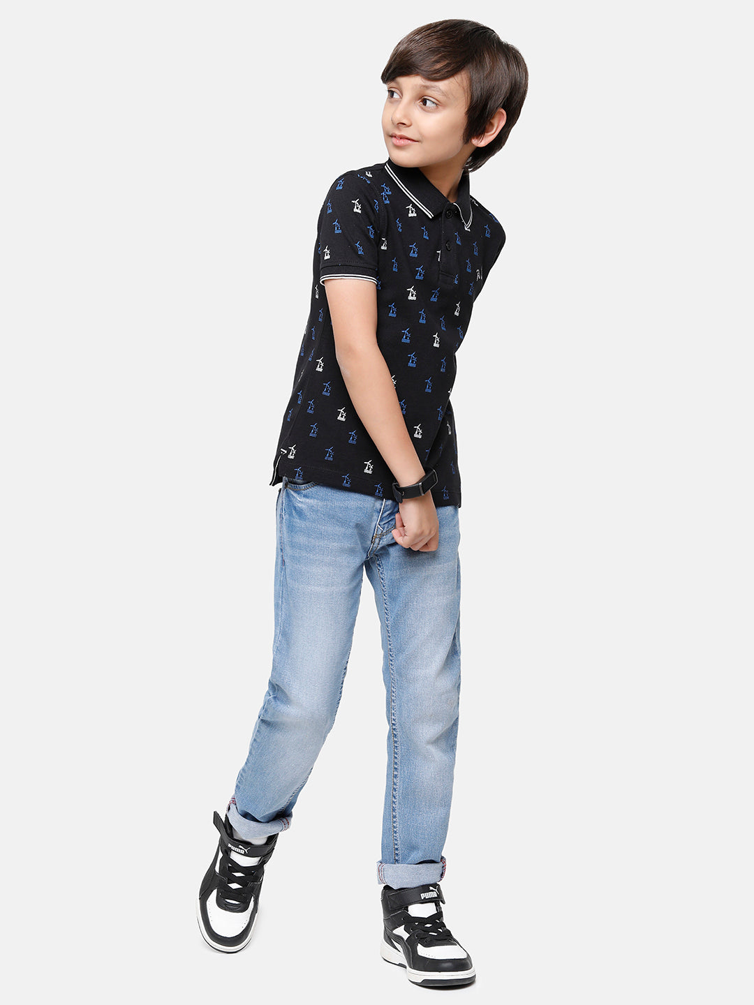 CP Boys Black Printed Slim Fit Polo Neck T-Shirt T-shirt Classic Polo 