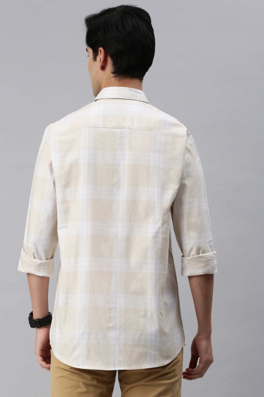 Classic Polo Men's Cotton Full Sleeve Checked Slim Fit Polo Neck Cream Color Woven Shirt | So1-46 B