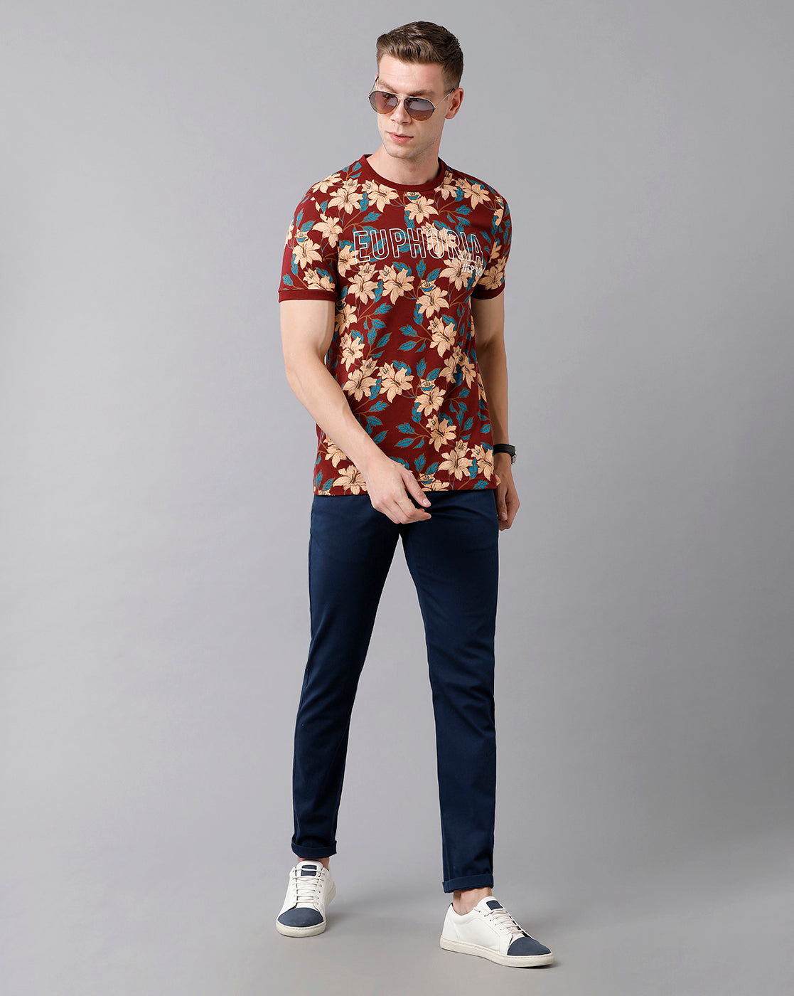 CP BRO Men's Cotton Floral Print Half Sleeve Slim Fit Round Neck Multicolor T-Shirt | Brcn - 492 B