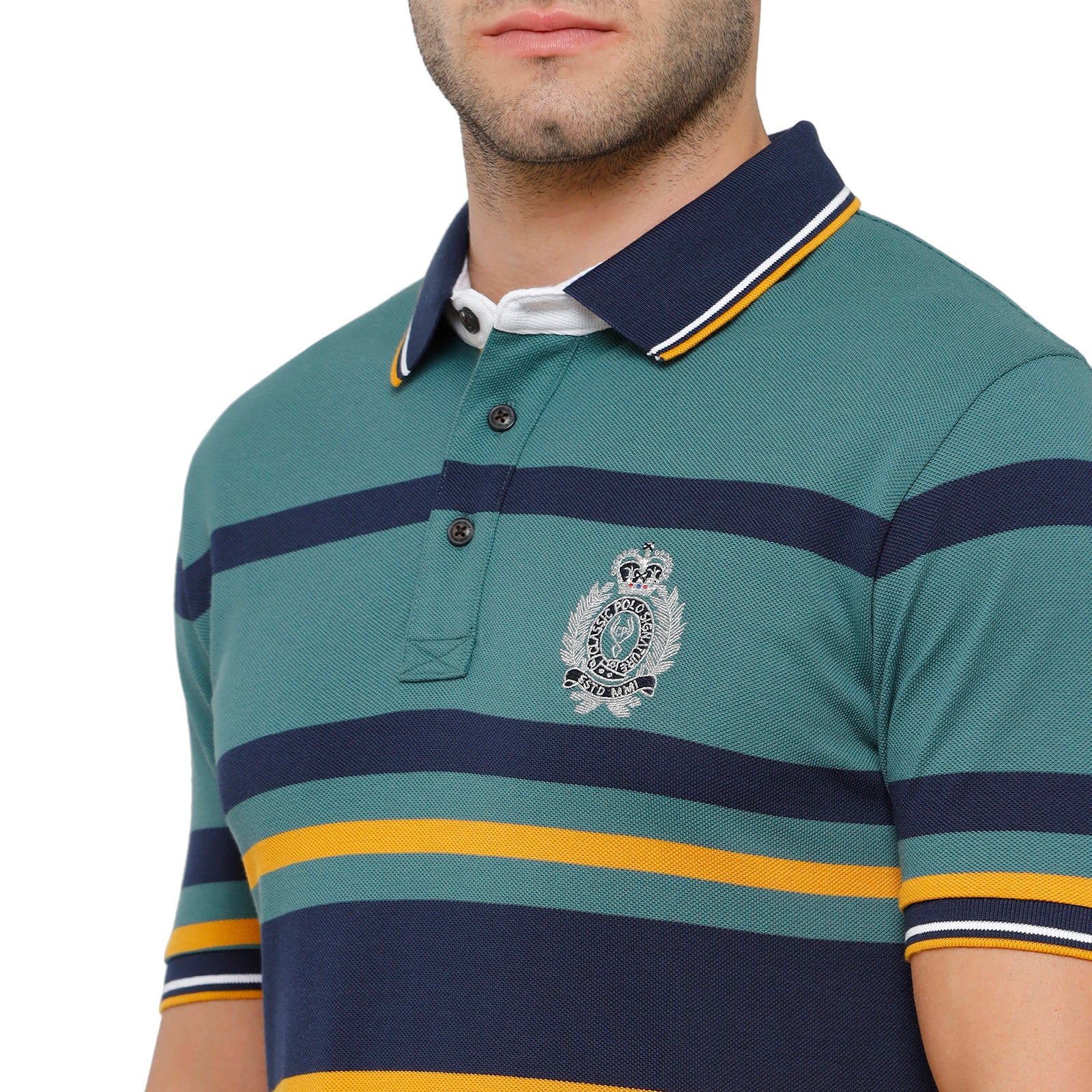 Classic Polo Mens Blue & Yellow Stripped Slim Fit Polo Neck T-Shirt - Vta 186 B T-shirt Classic Polo 