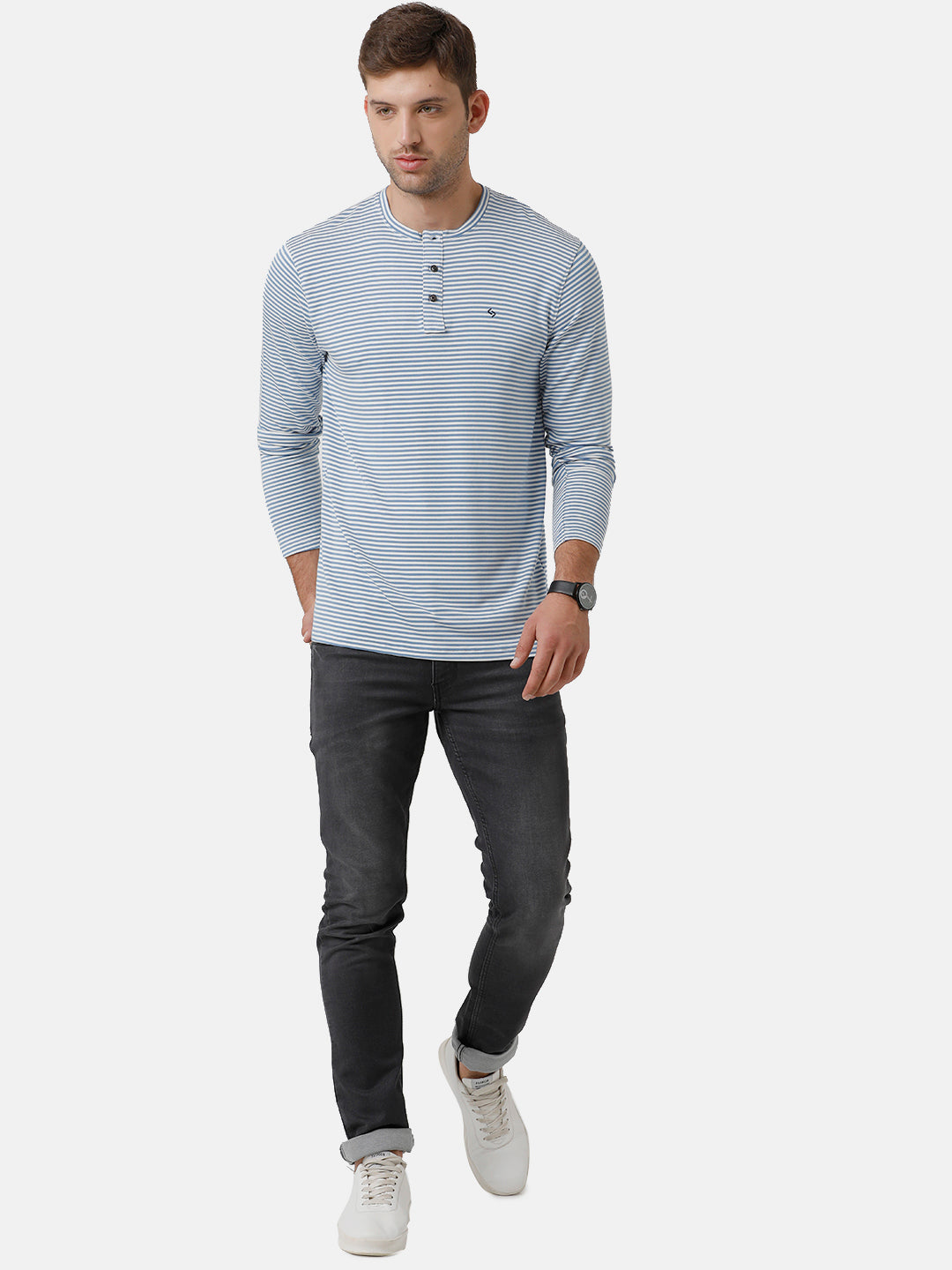 Classic Polo Mens Cotton Striped Full Sleeve Slim Fit Round Neck Blue Color T-Shirt | Verno 305