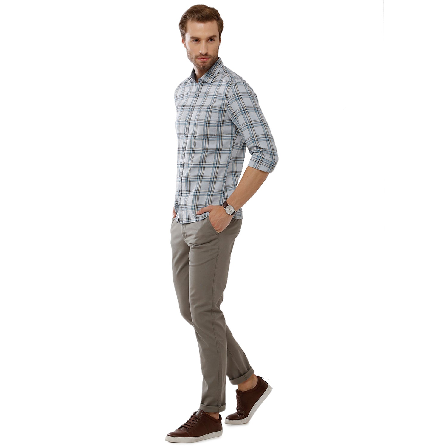 Classic Polo Bro Mens 100% Cotton Checked Full Sleeve Slim Fit Polo Neck Multicolor Woven Shirt (SBN1-55 B-FS-CHK-BSL) Classic Polo 