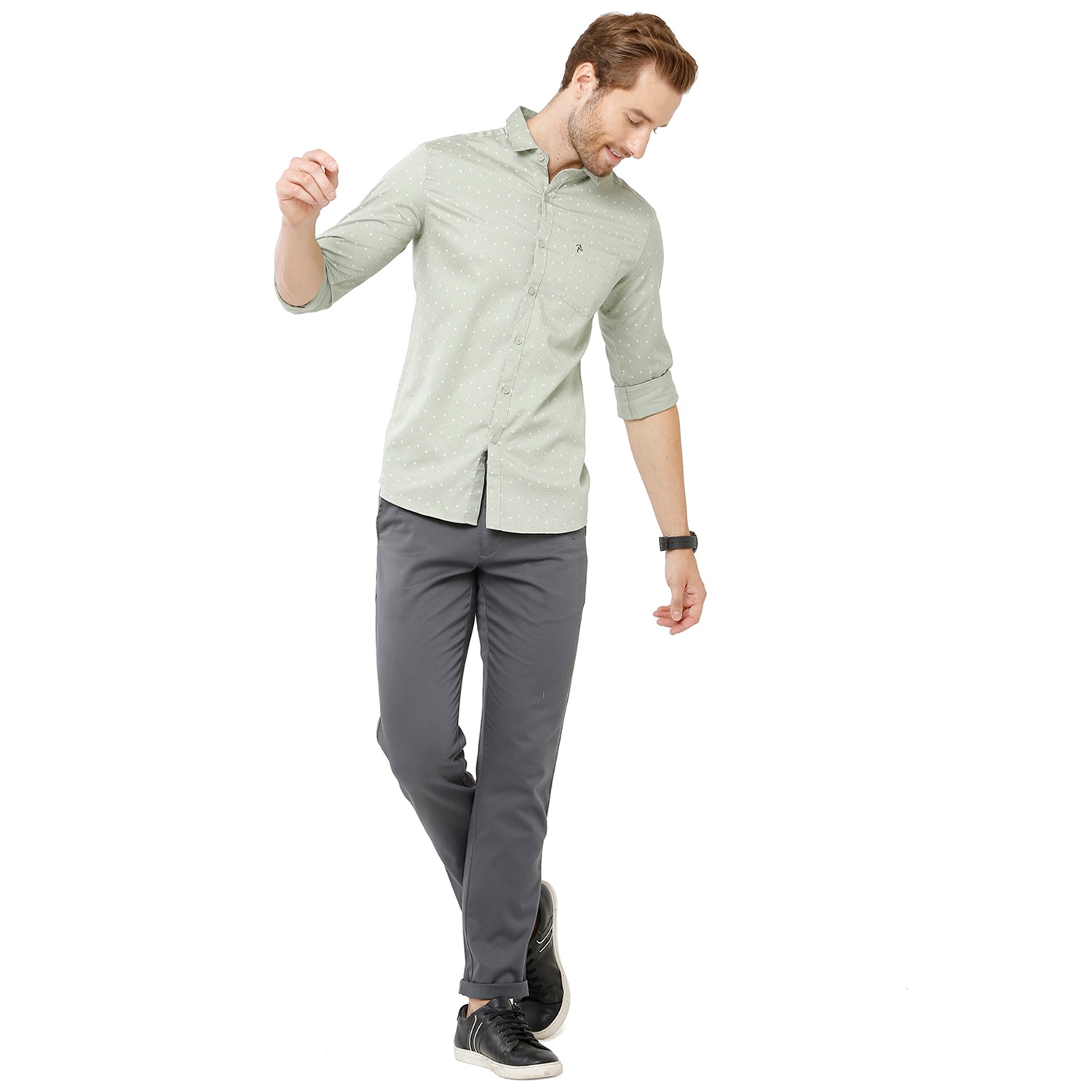 Classic Polo Bro Mens 100% Cotton Printed Full Sleeve Slim Fit Polo Neck Grey Color Woven Shirt (SBN1-34 B-FS-PRT-BSL) Classic Polo 