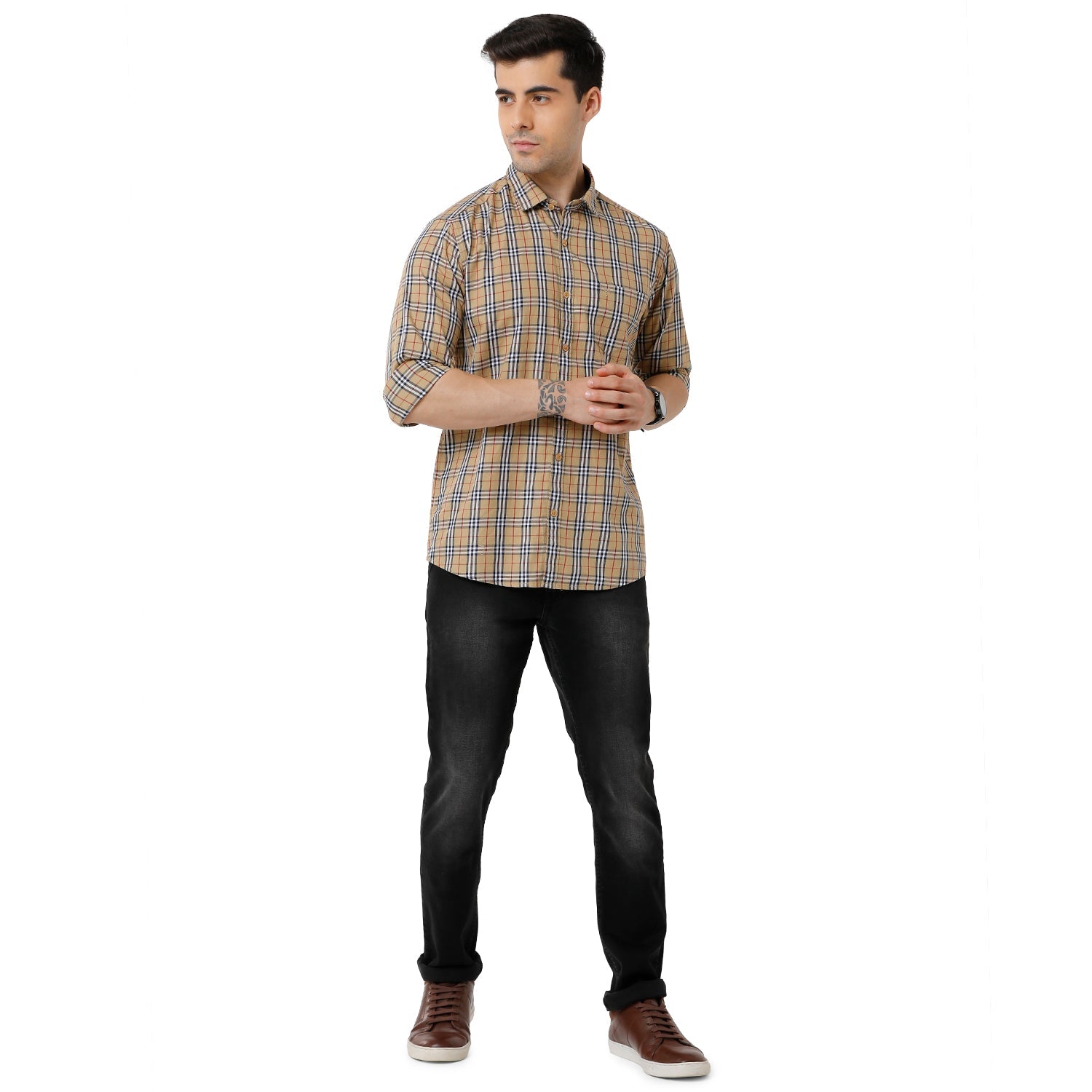 Classic Polo Mens Cotton Checked Slim Fit Full Sleeve Brown Color Shirt - SN1-121 B Shirts Classic Polo 