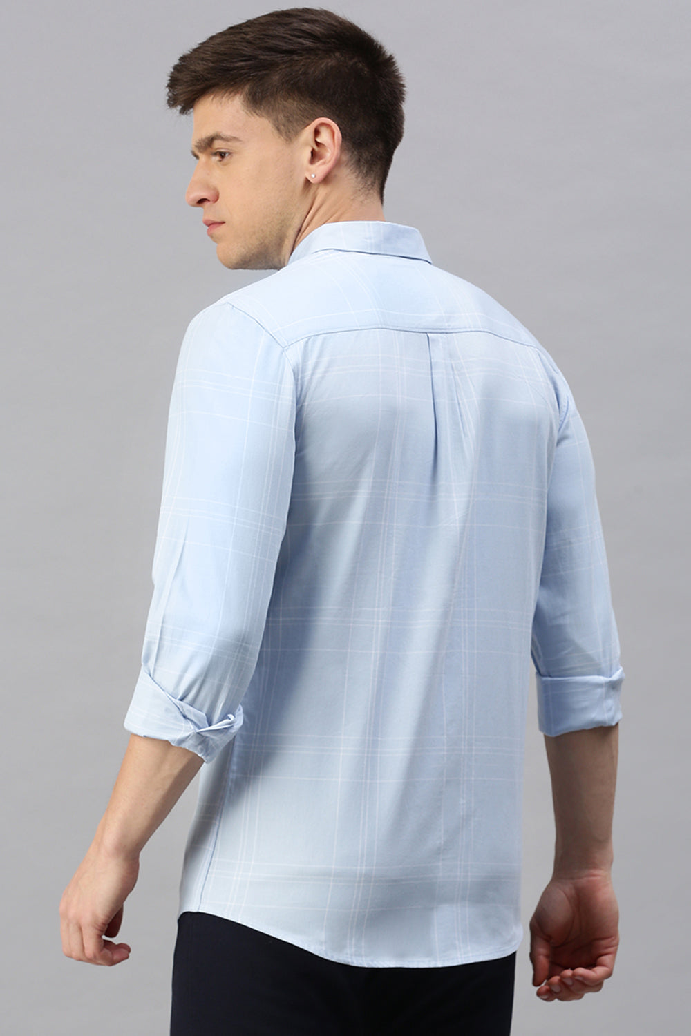 CP BRO Men's Cotton Full Sleeve Checked Slim Fit Polo Neck Light Blue Color Woven Shirt | Sbo1-43 A