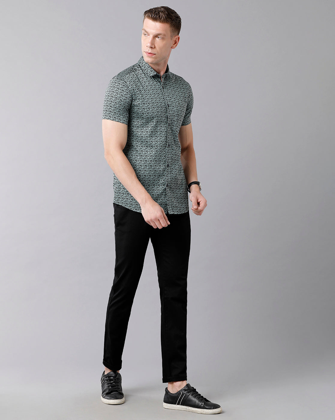 CP BRO Men's Cotton Printed Half Sleeve Slim Fit Polo Neck Grey Color Woven Shirt | Sbn2-14 B