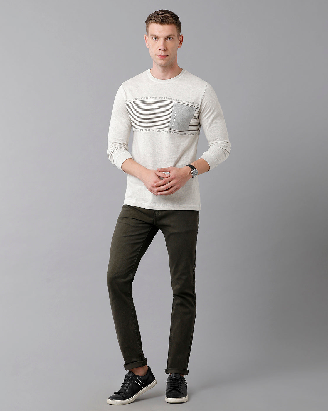 Classic Polo Men's Cotton Printed Full Sleeve Slim Fit Round Neck White Color T-Shirt | Baleno Fs - 478 A