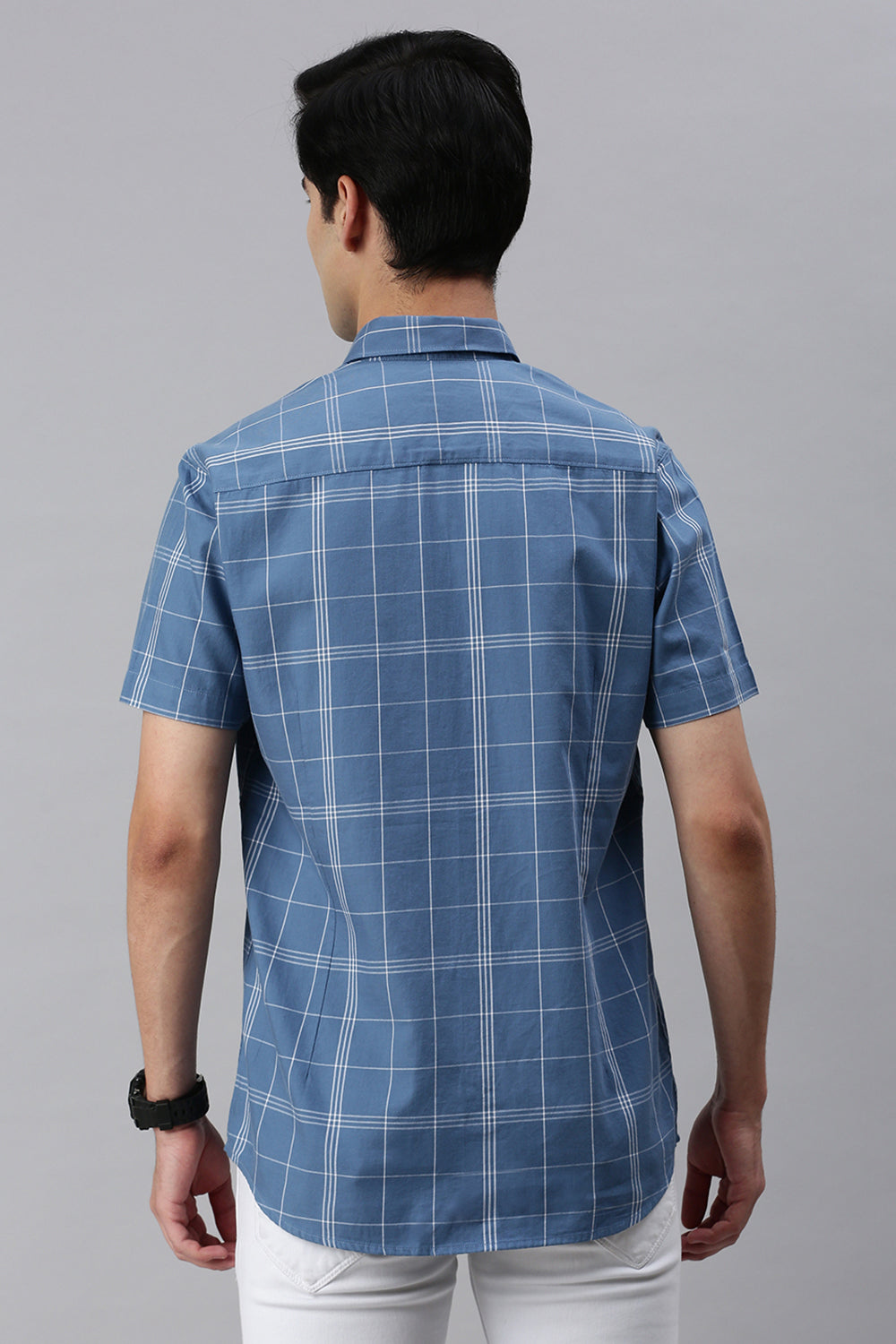 Classic Polo Men's Cotton Half Sleeve Checked Slim Fit Polo Neck Blue Color Woven Shirt | So1-92 B