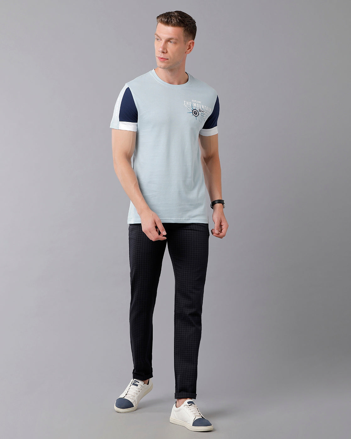 CP BRO Men's Cotton Checked Slim Fit Navy Color Trousers | Tbn2-26 B