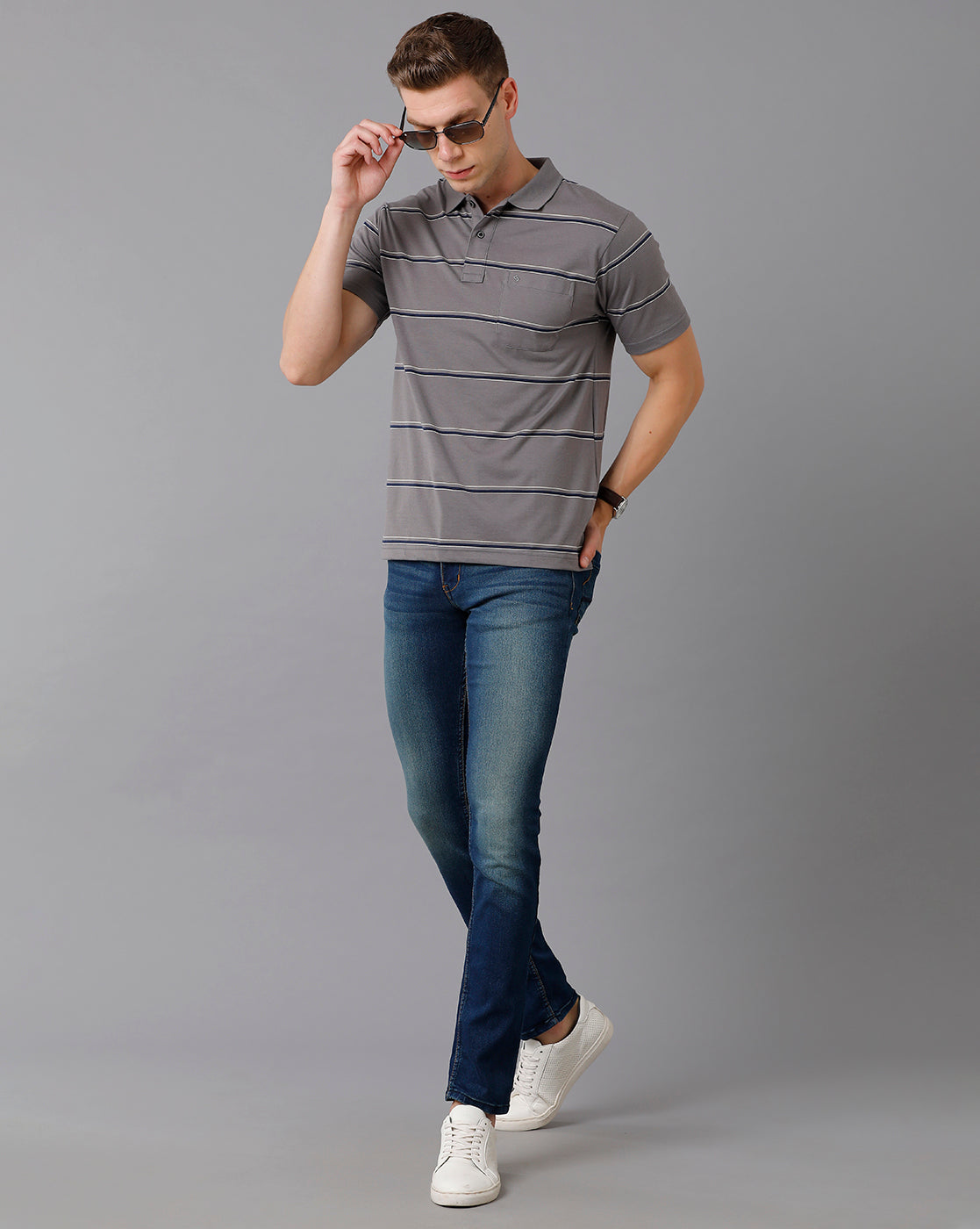 Classic Polo Men's Cotton Blend Striped Authentic Fit Grey T-Shirt | Avon - 501 B
