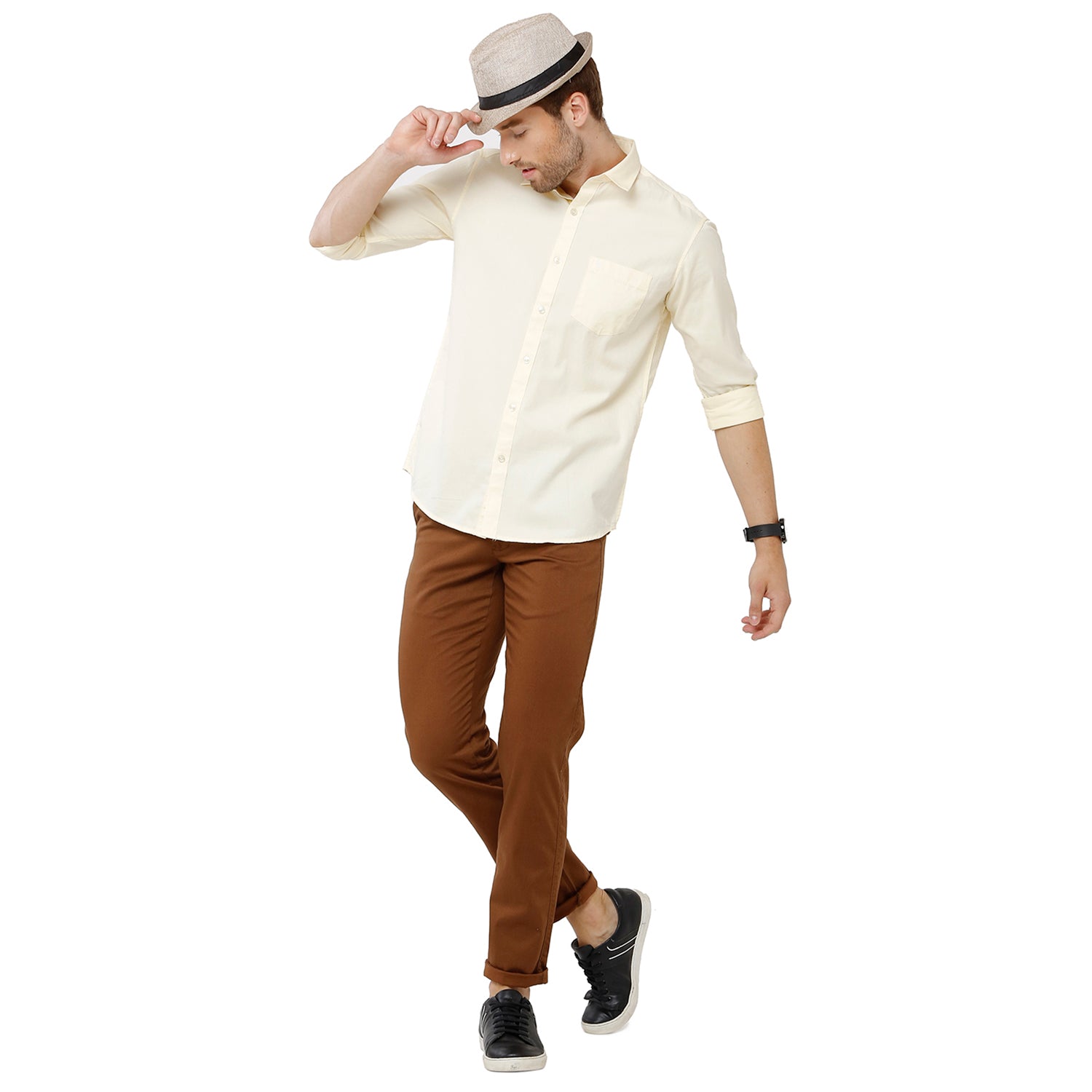 Classic Polo Mens 100% Cotton Full Sleeve Solid Slim Fit Yellow Color Woven Shirt -SFD1 21 A Shirts Classic Polo 