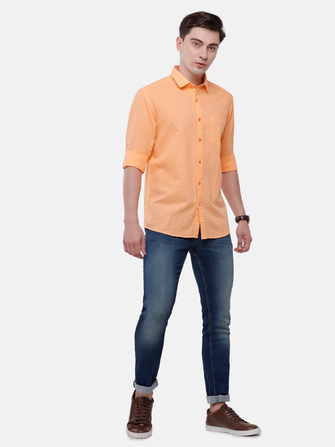 Classic Polo Mens Solid Milano Fit Full Sleeve Woven Shirt -Mica Orange FS