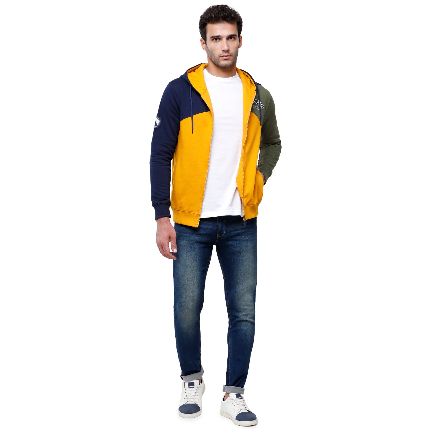 Classic Polo Men's Color Block Full Sleeve Yellow & Blue Hood Sweat Shirt - CPSS - 326A Sweat Shirts Classic Polo 