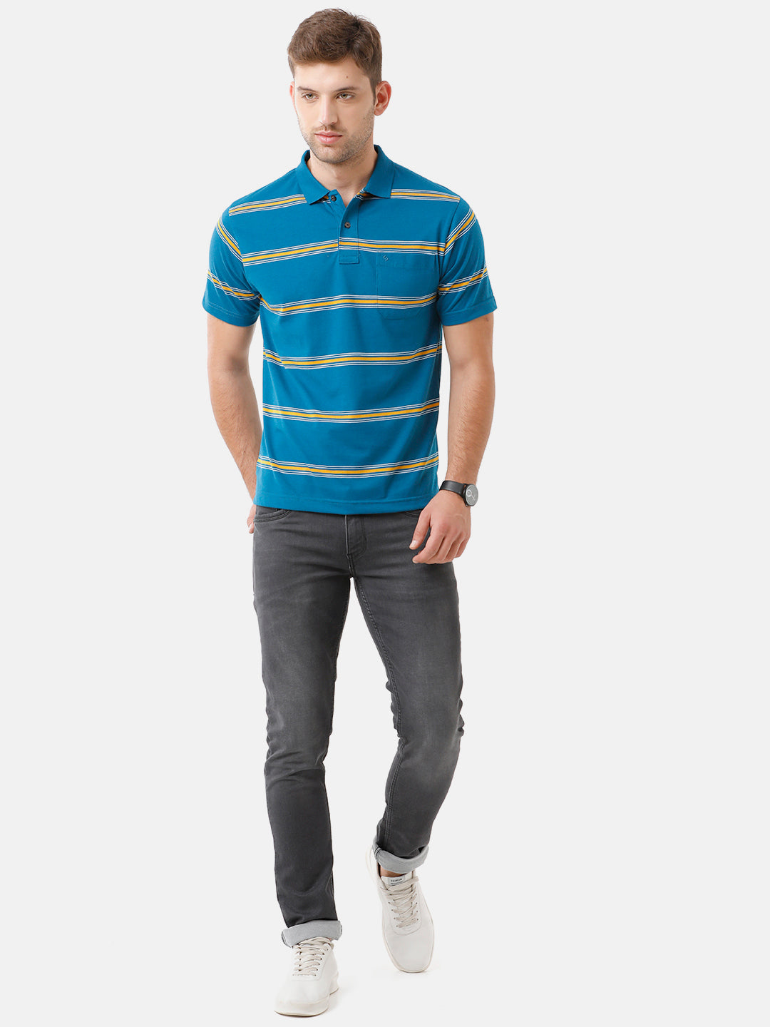 Classic Polo Mens Cotton Blend Striped Half Sleeve Authentic Fit Polo Neck Azure Blue Color T-Shirt | Avon 493 A
