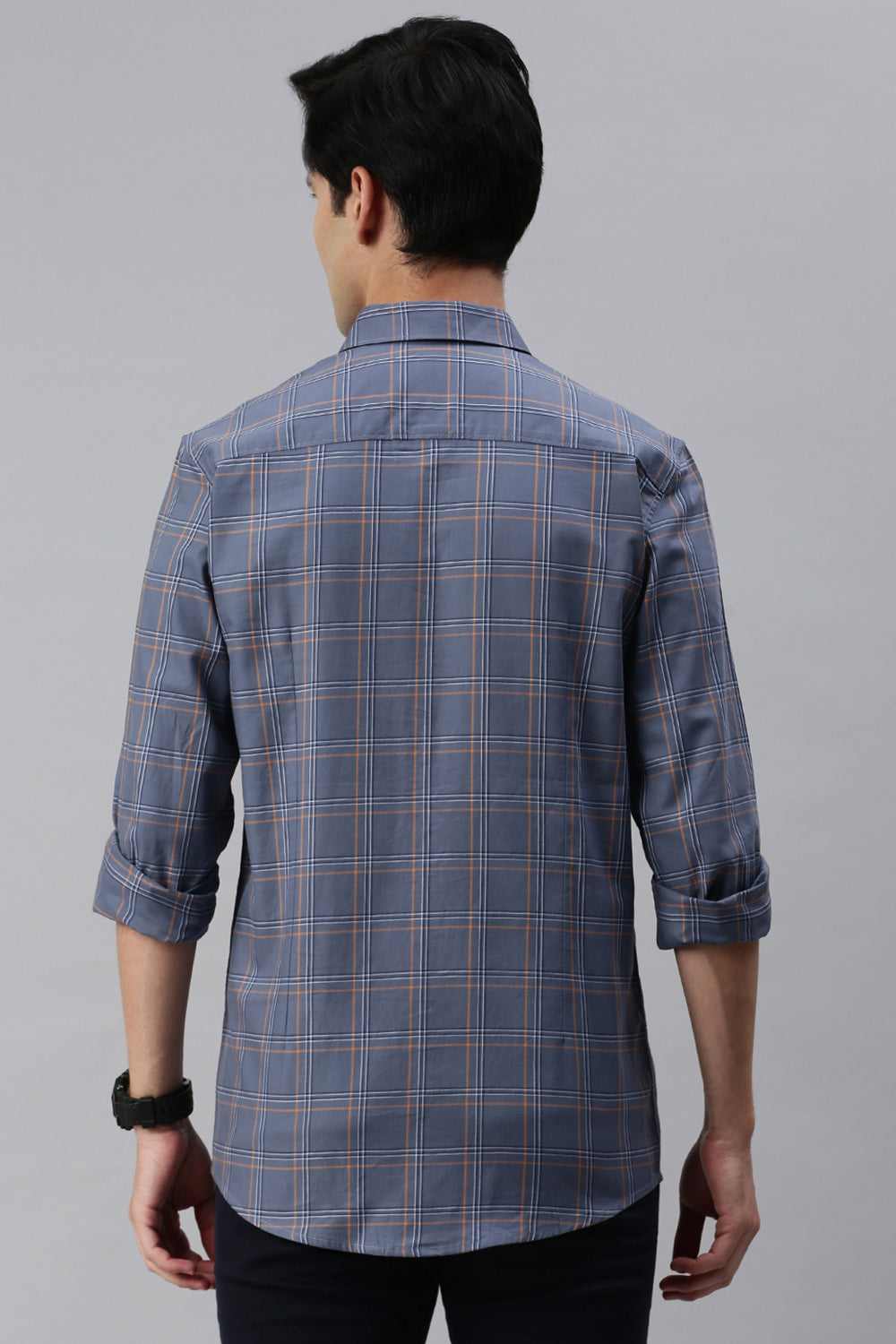 CP BRO Men's Cotton Full Sleeve Checked Slim Fit Polo Neck Blue Color Woven Shirt | Sbo1-27 B