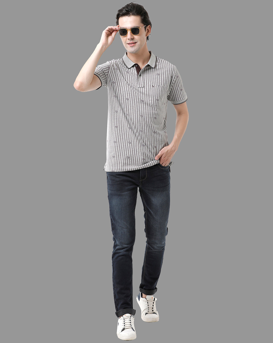 Classic Polo Mens Cotton Half Sleeve Printed Slim Fit Polo Neck Grey Color T-Shirt | Bello - 176 A