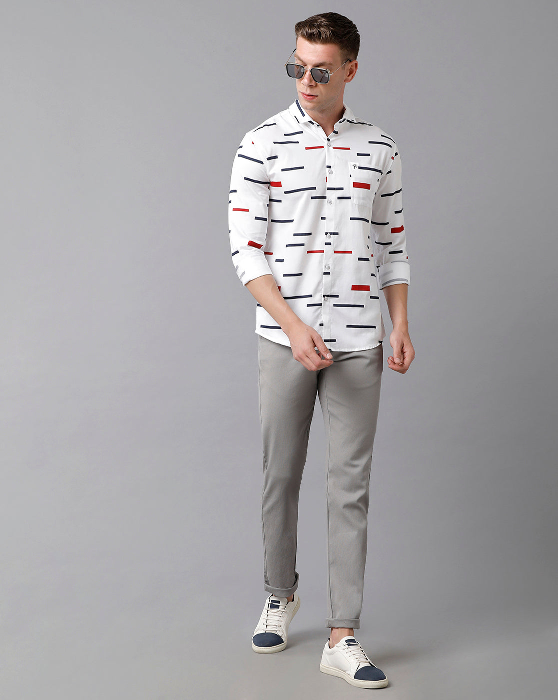 CP BRO Men's Cotton Printed Full Sleeve Slim Fit Polo Neck White Color Woven Shirt | Sbn2-12 A