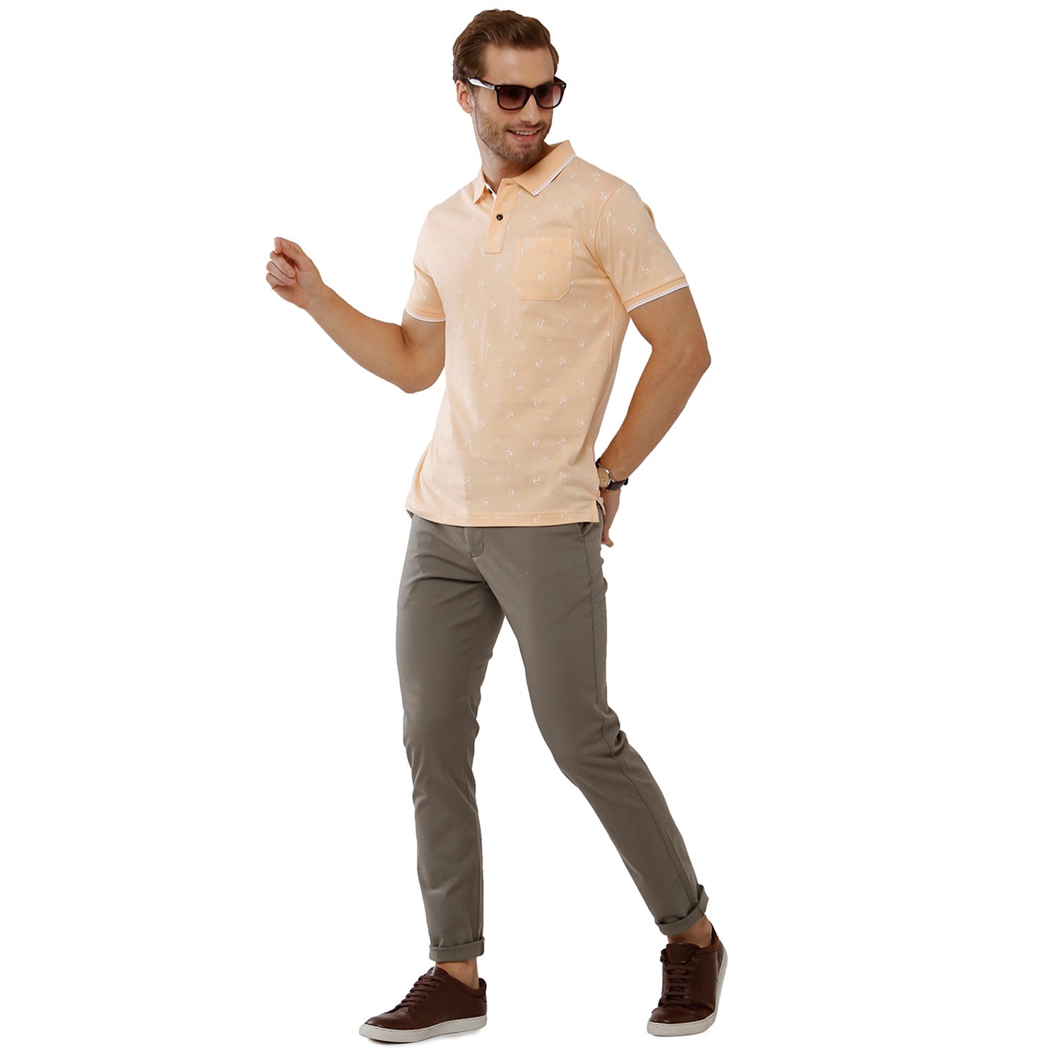 Classic Polo Mens 100% Cotton Printed Slim Fit Beige Color Polo Neck T-Shirt -BELLO 165 B Classic Polo 