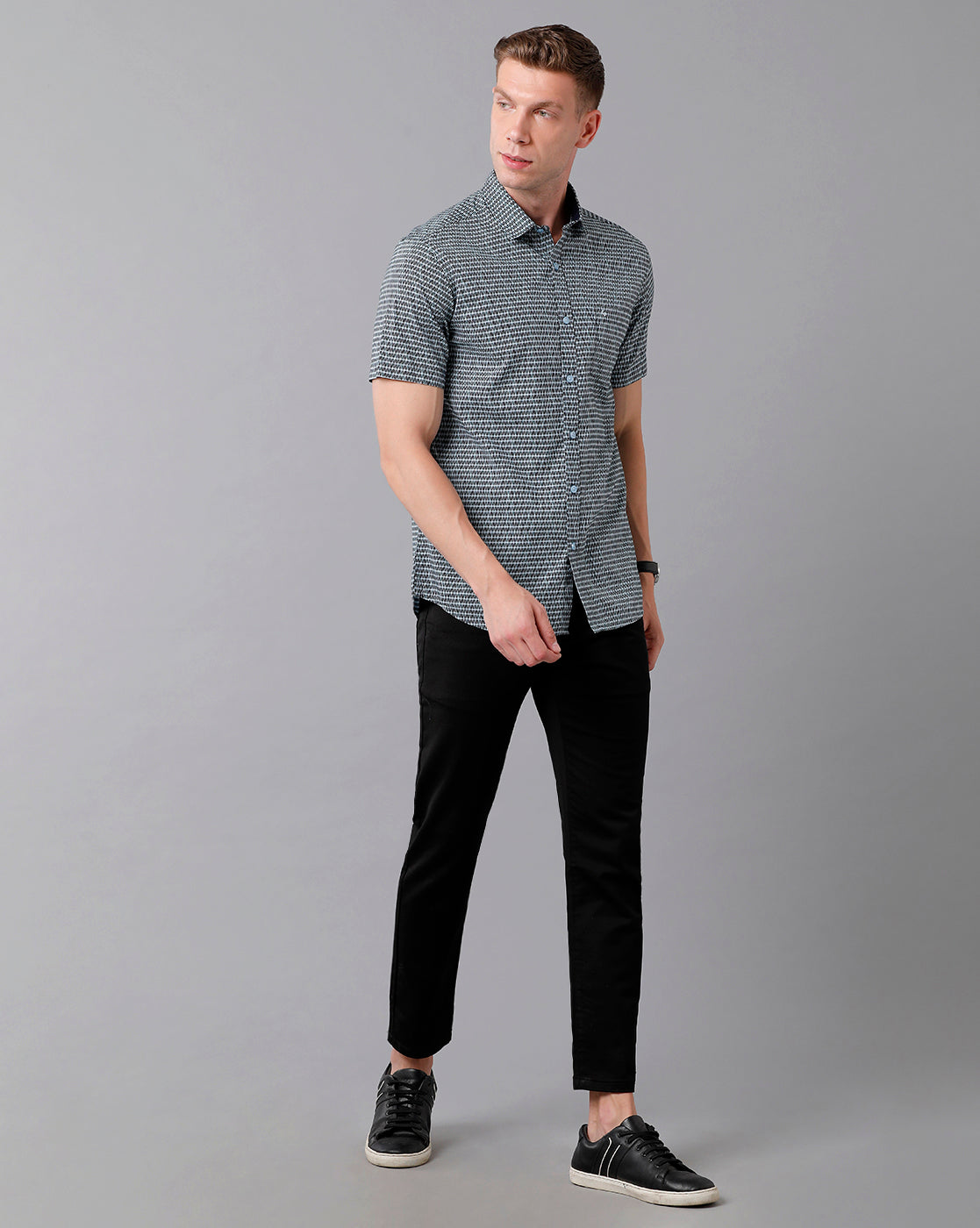 Classic Polo Men's Cotton Printed Half Sleeve Slim Fit Polo Neck Black Color Woven Shirt | Sfd2- 32