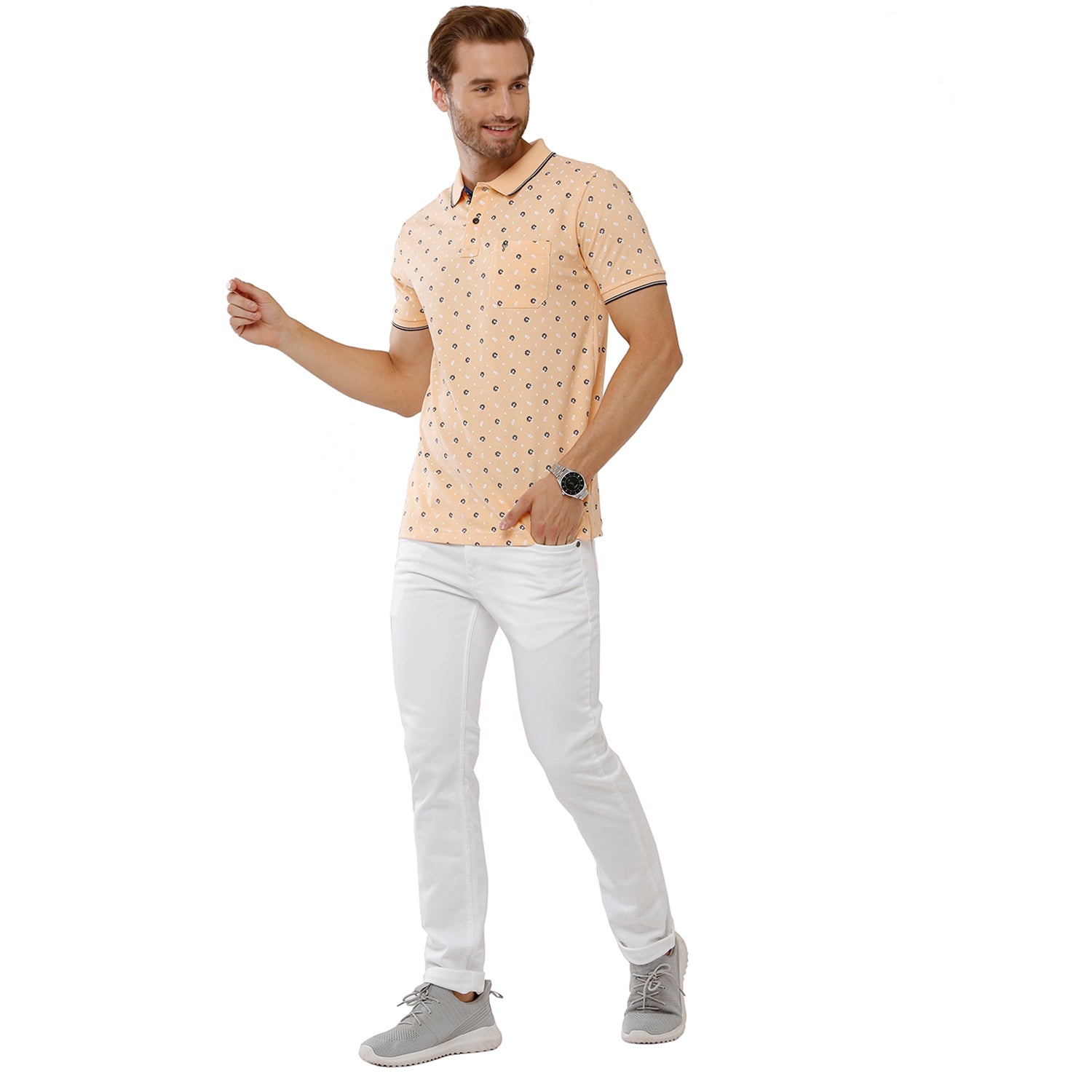 Classic Polo Mens 100% Cotton Printed Slim Fit Beige Color Polo Neck T-Shirt -BEAU 165 A T-shirt Classic Polo 