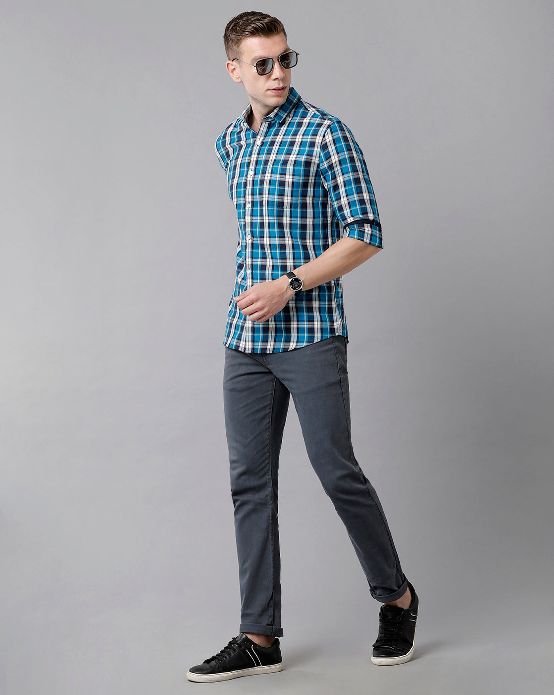 Classic Polo Men's Cotton Checked Full Sleeve Slim Fit Polo Neck Blue Color Woven Shirt | Sn2-73 B