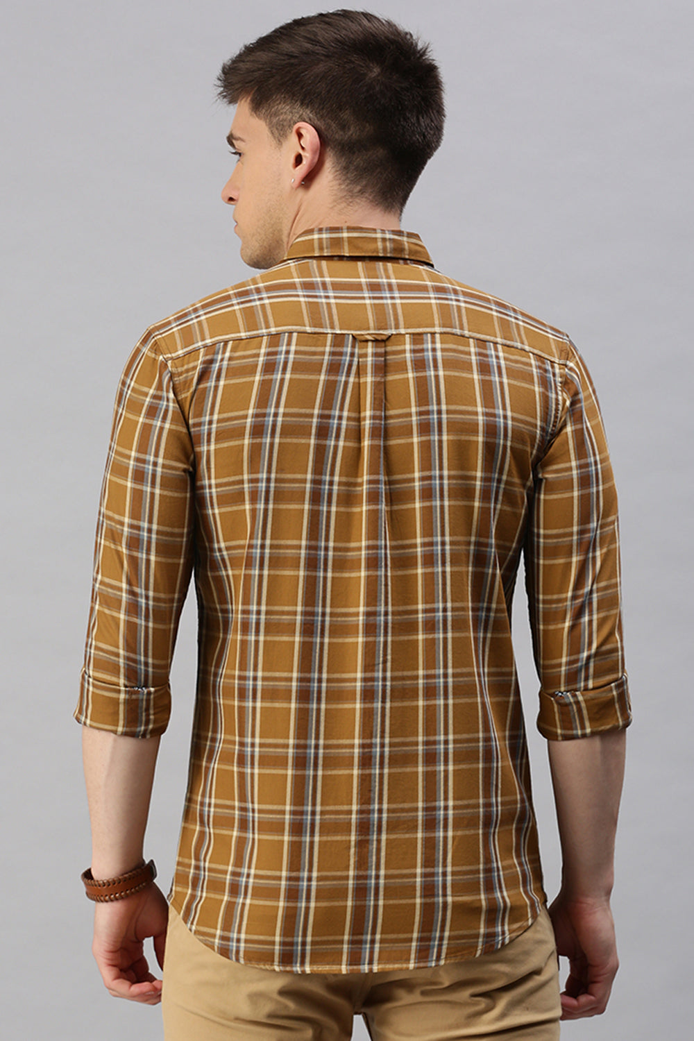 Classic Polo Men's Cotton Full Sleeve Checked Slim Fit Polo Neck Khaki Color Woven Shirt | So1-161 A