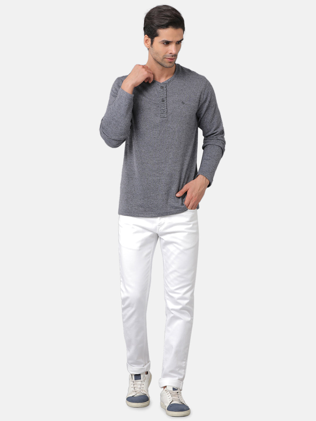 Classic Polo Mens Cotton Solid Slim Fit Full Sleeve Round Neck Grey Color T-Shirt | Verno 309c