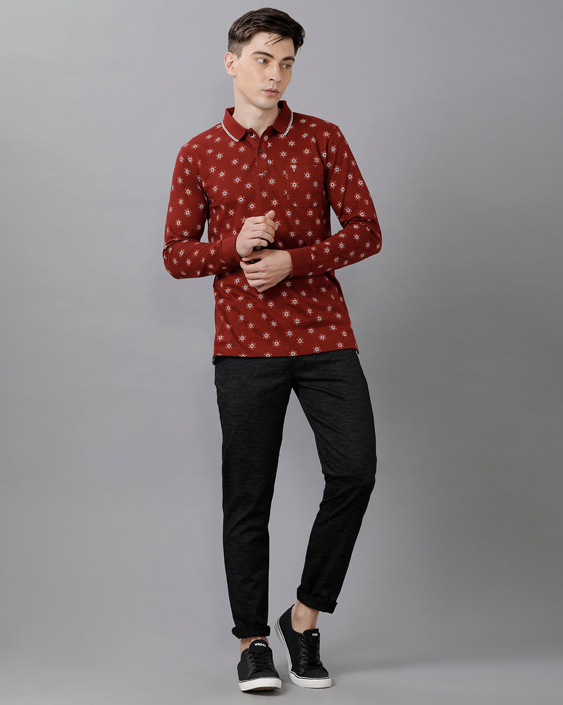 Classic Polo Mens Cotton Printed Full Sleeve Slim Fit Polo Neck Maroon Color T-Shirt | Verno 269 A R