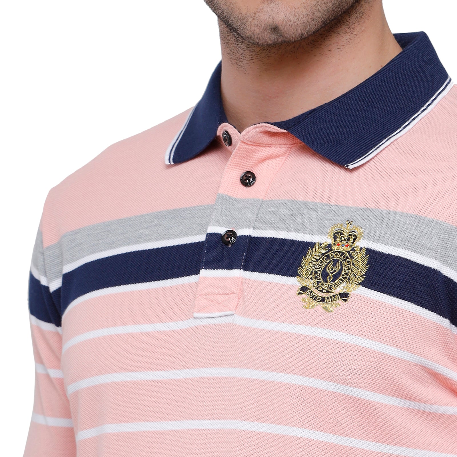 Classic Polo Mens Pink Stripped Slim Fit Polo Neck T-Shirt - VTA 190B T-shirt Classic Polo 