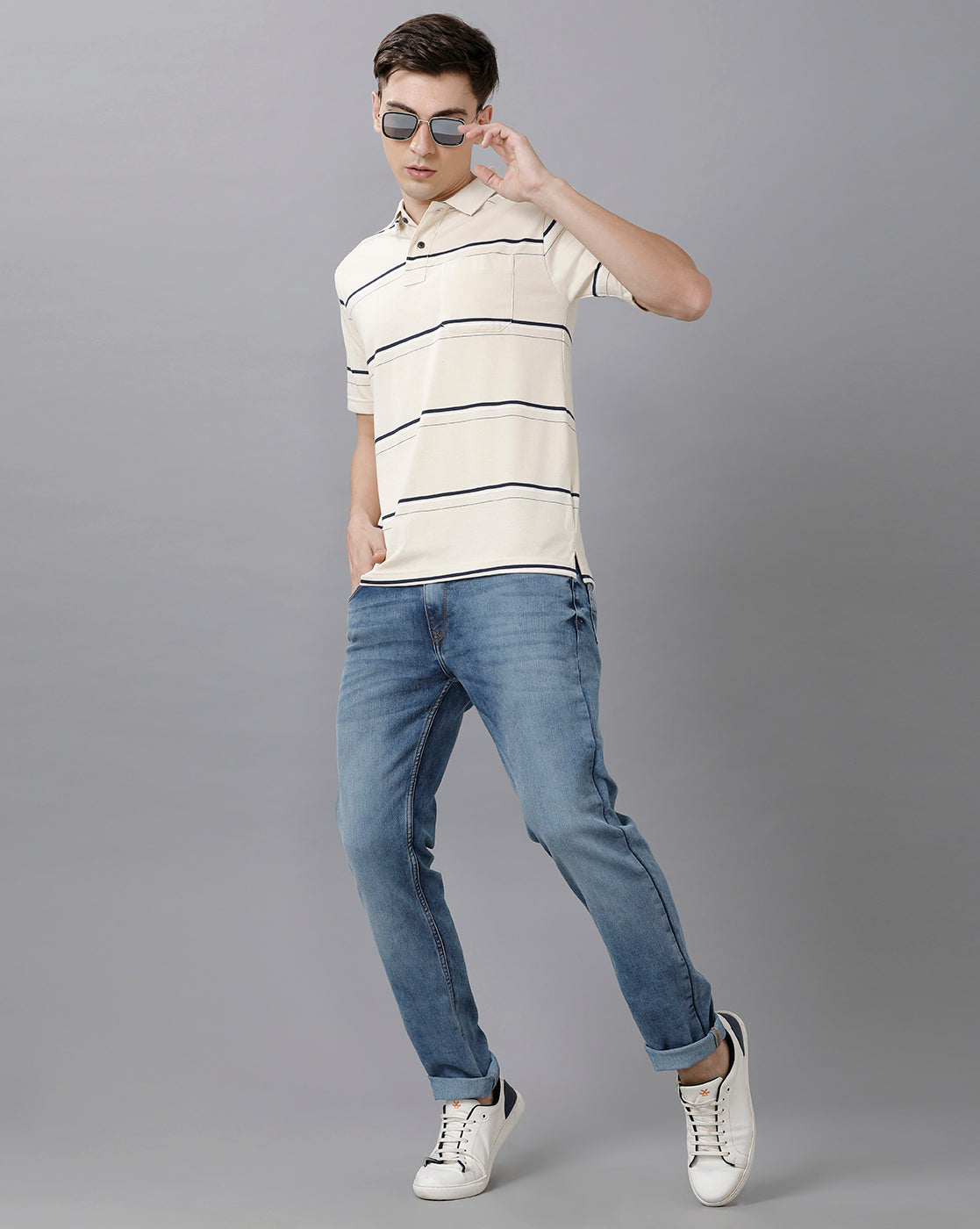 Classic Polo Mens Cotton Blend Striped Half Sleeve Authentic Fit Polo Neck White Color T-Shirt | Avon 492 A
