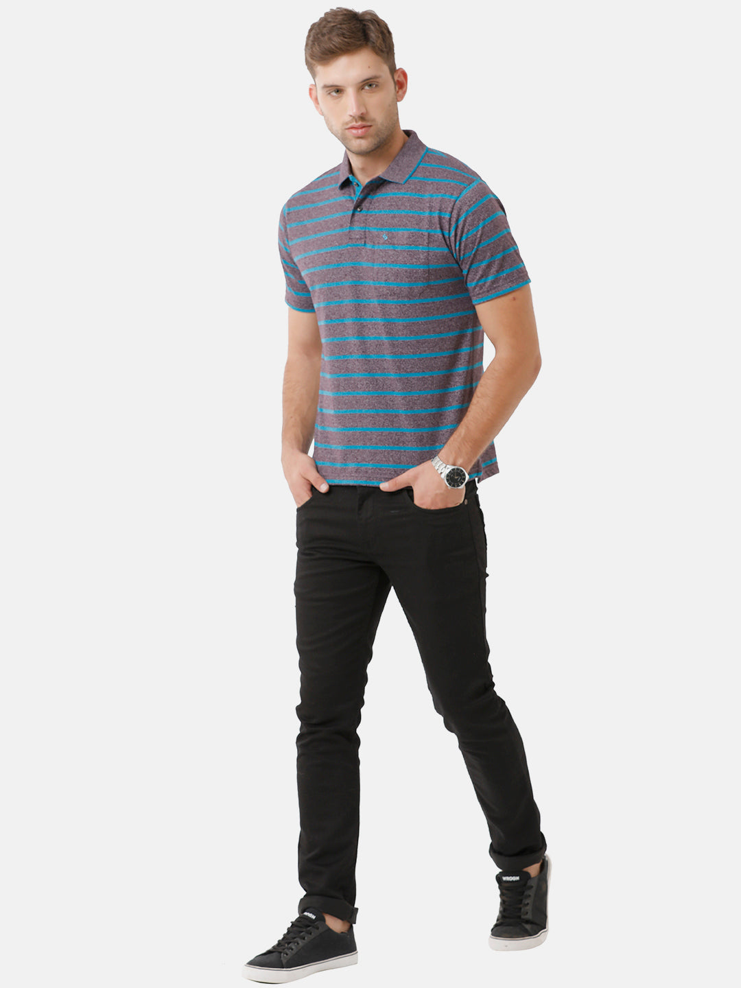 Classic Polo Mens Cotton Blend Striped Half Sleeve Authentic Fit Polo Neck Dark Grey Color T-Shirt | Mel 212 B