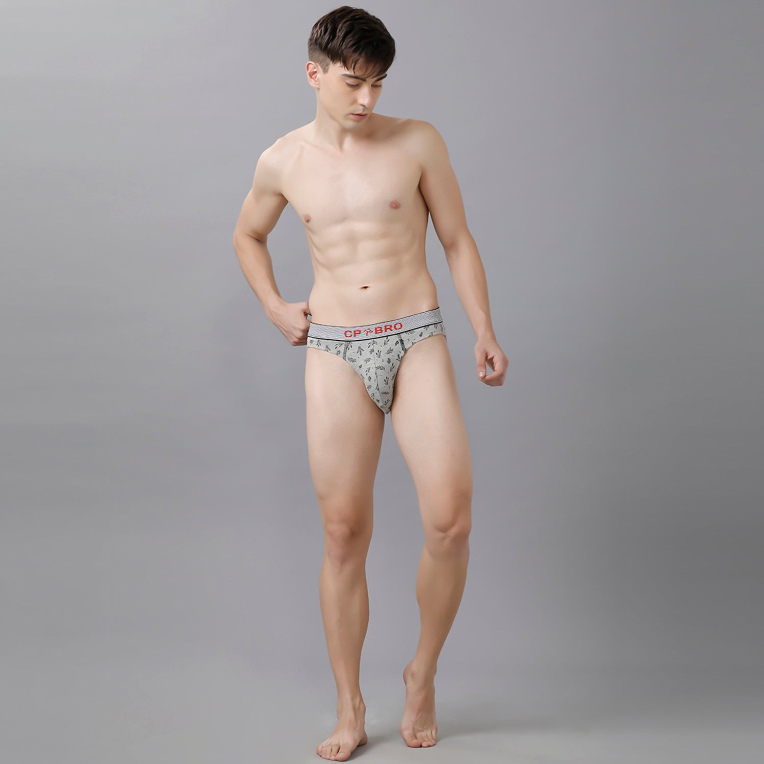 CP BRO Men's Printed Briefs with Exposed Waistband - Grey Leaf Print