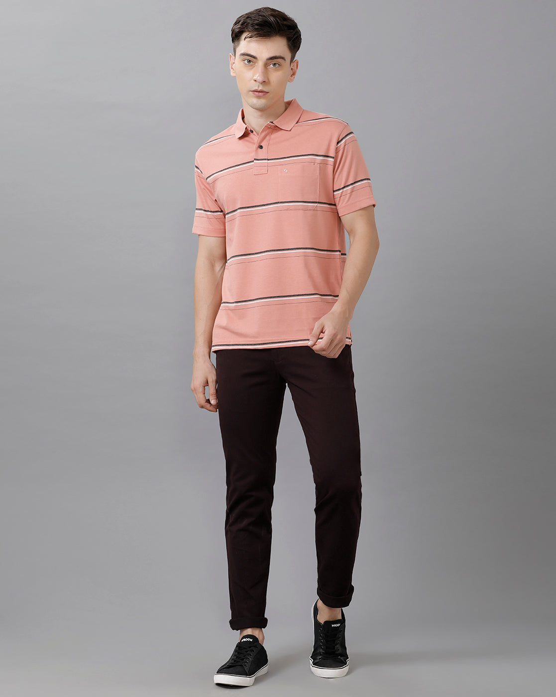 Classic Polo Mens Cotton Blend Striped Half Sleeve Authentic Fit Polo Neck Coral Color T-Shirt | Avon 492 B