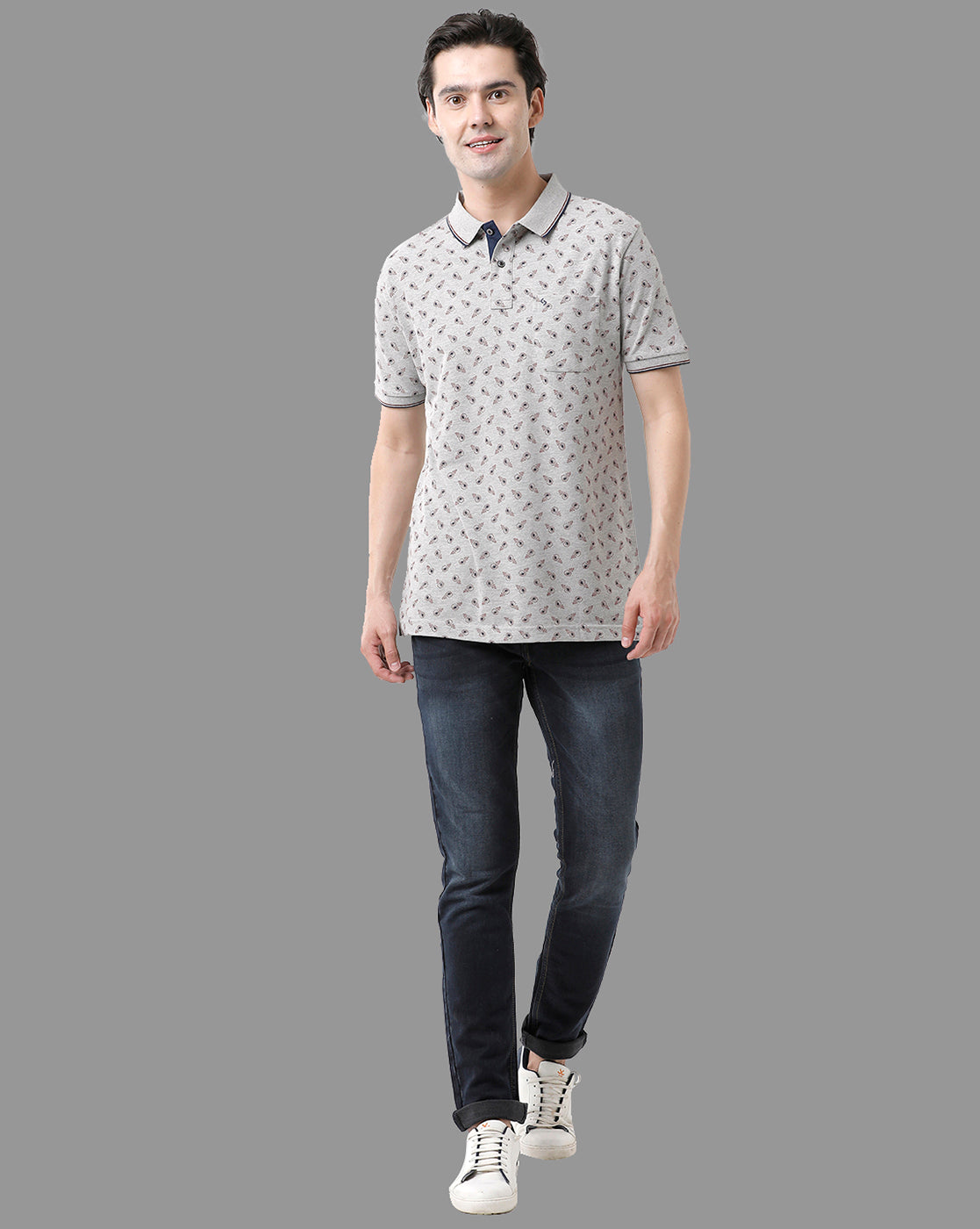 Classic Polo Men's Cotton Half Sleeve Printed Slim Fit Polo Neck Light Grey Color T-Shirt | HS-BEAU - 01 B