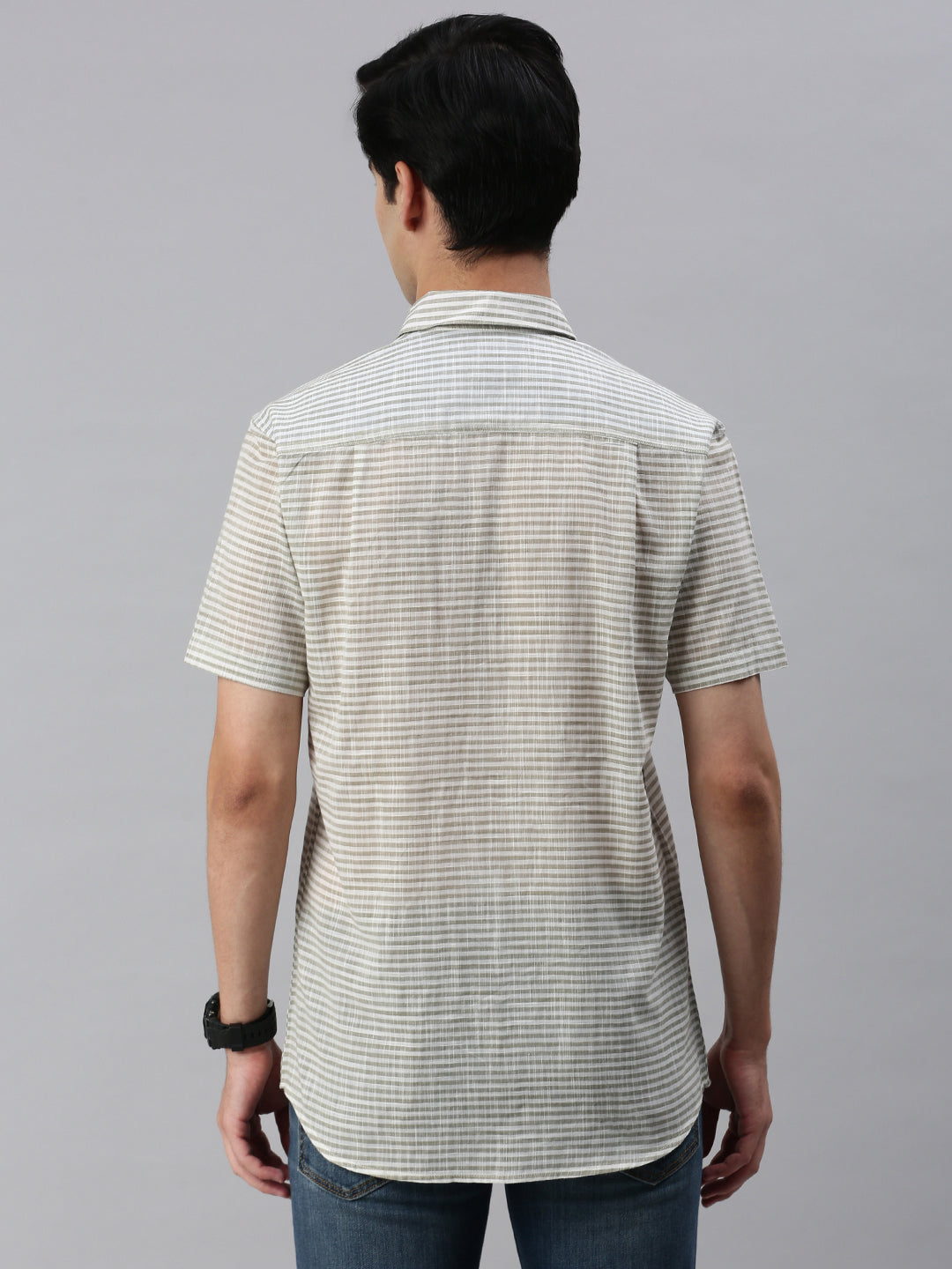 Classic Polo Men's Cotton Half Sleeve Striped Slim Fit Collar Neck Brown Color Woven Shirt | So1-107 A