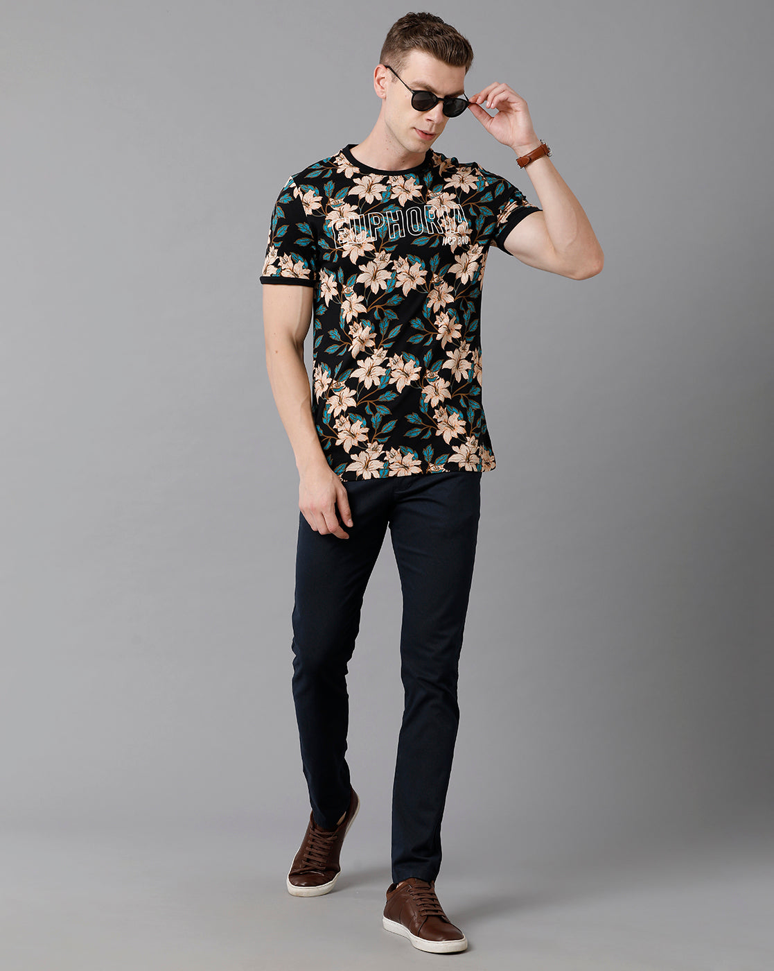 CP BRO Men's Cotton Printed Slim Fit Multicolor T-Shirt | Brcn - 492 A