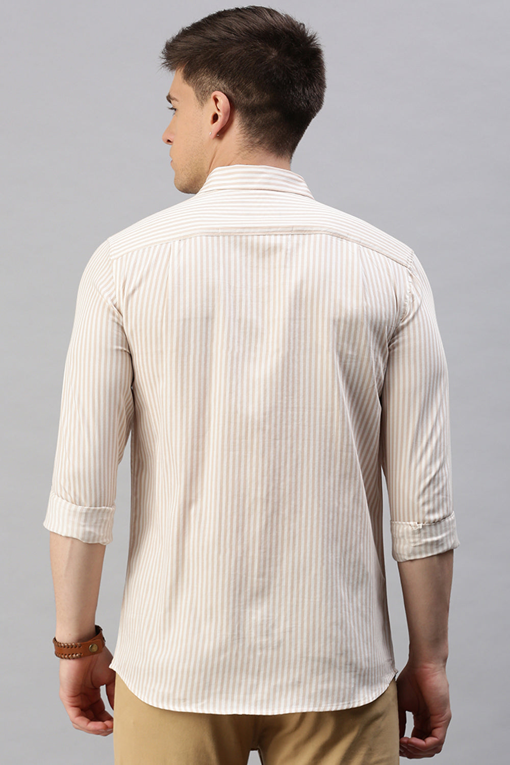 Classic Polo Men's Cotton Full Sleeve Striped Slim Fit Polo Neck Cream Color Woven Shirt | So1-104 A