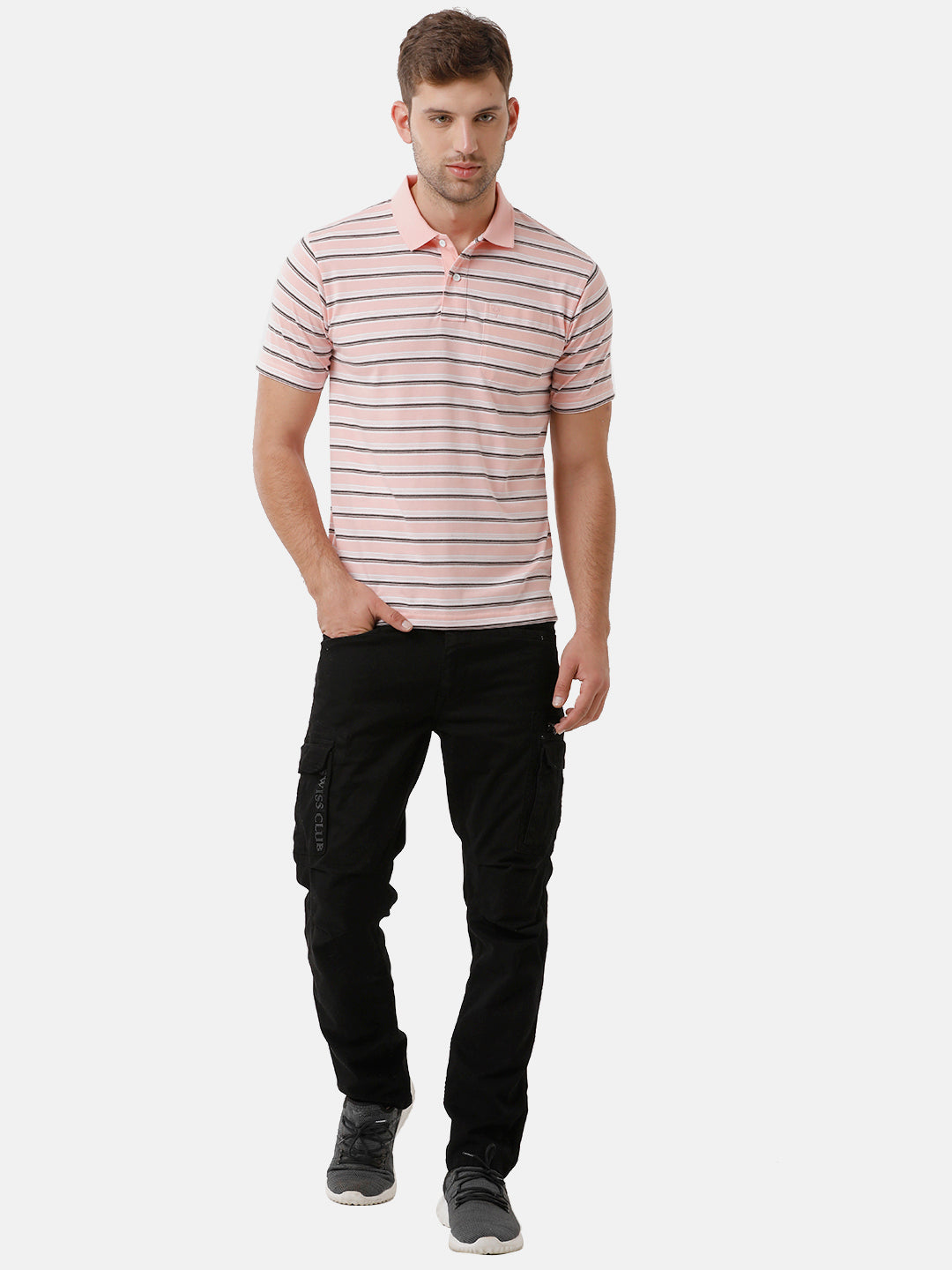 Classic Polo Mens Cotton Striped Half Sleeve Authentic Fit Polo Neck Peach Color T-Shirt | F.Flash 20
