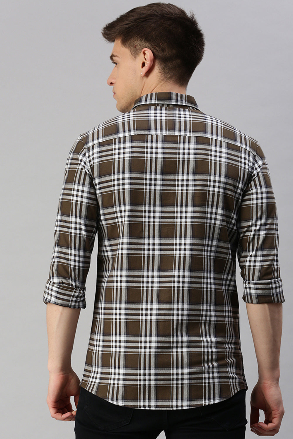 CP BRO Men's Cotton Full Sleeve Checked Slim Fit Collar Neck Brown Color Woven Shirt | Sbo1-04 B