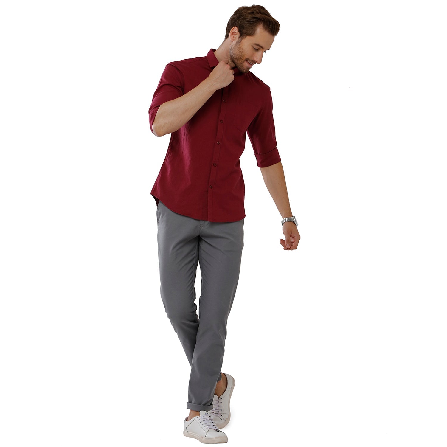 Classic Polo Mens 100% Cotton Solid Milano Fit Maroon Color Woven Shirt - Mica Maroon FS Classic Polo 