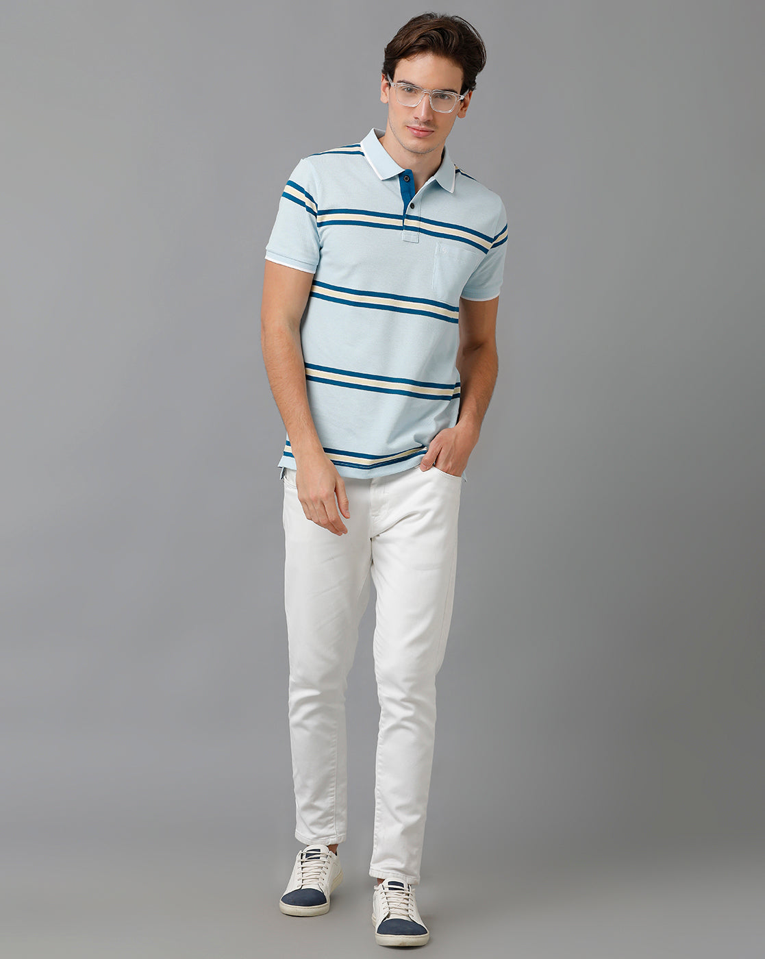 Classic Polo Men's Cotton Blend Half Sleeve Striped Slim Fit Polo Neck Light Blue Color T-Shirt | Adore - 192 B