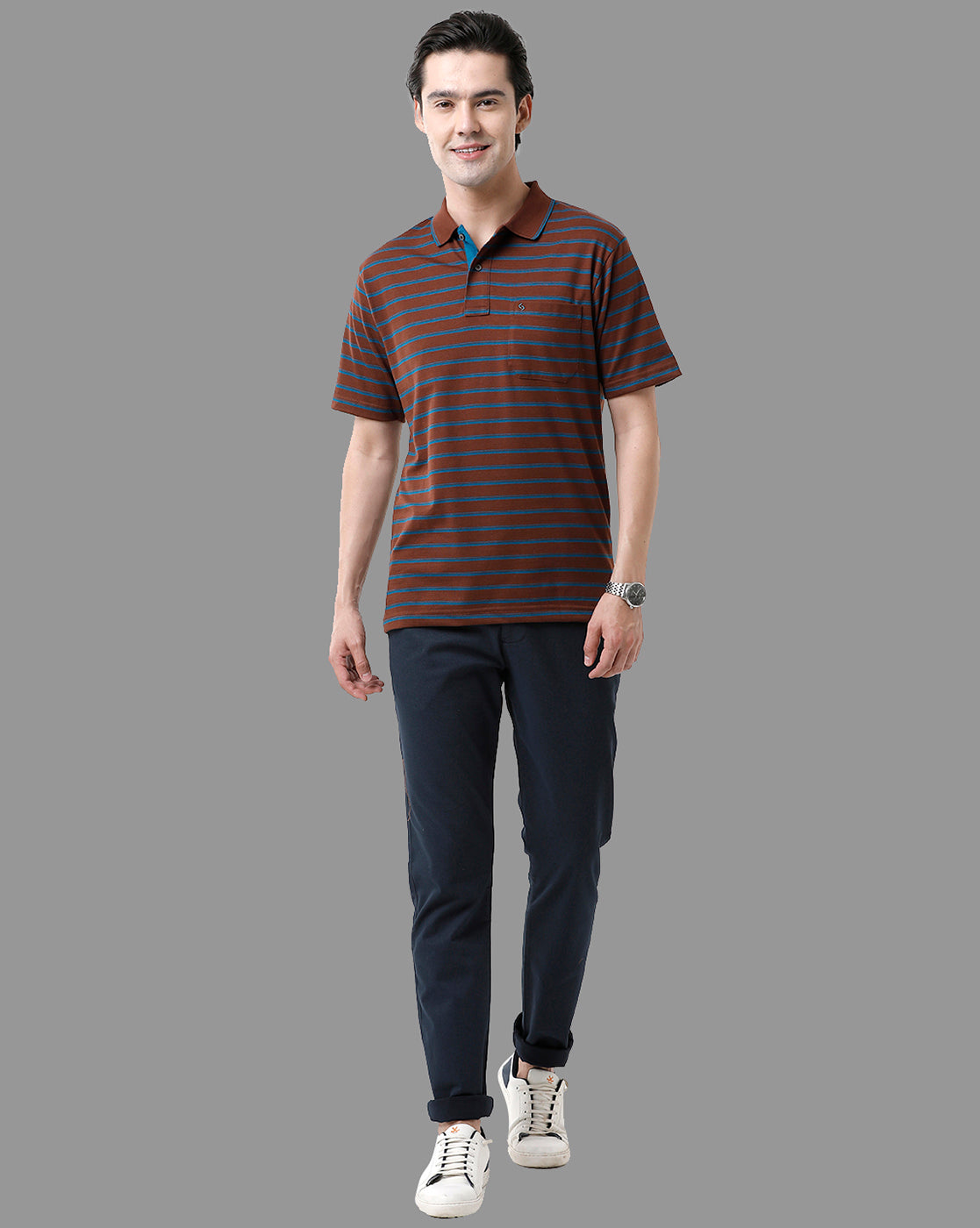 Classic Polo Mens Cotton Half Sleeve Striped Authentic Fit Polo Neck Brown Color T-Shirt | Feeders - 208 A