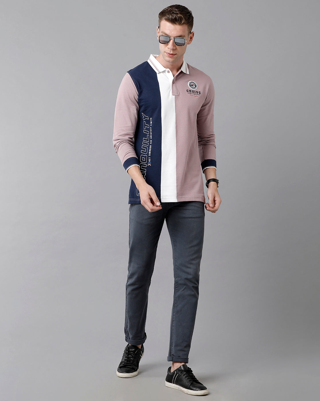 CP BRO Men's Cotton Color Block Full Sleeve Slim Fit Polo Neck Lavendar Color T-Shirt | Brp Fs - 331 B